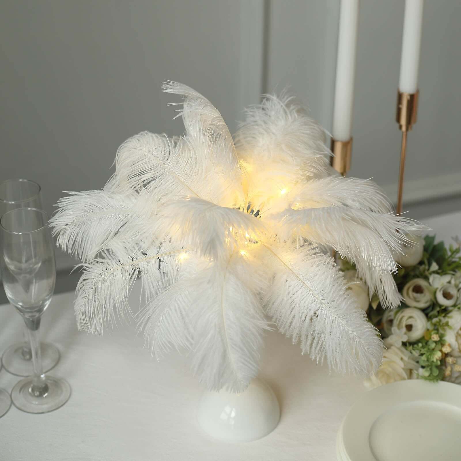 Hot Deal! White LED Cordless Table Lamp with Ostrich Feather Design for Wedding Centerpiece