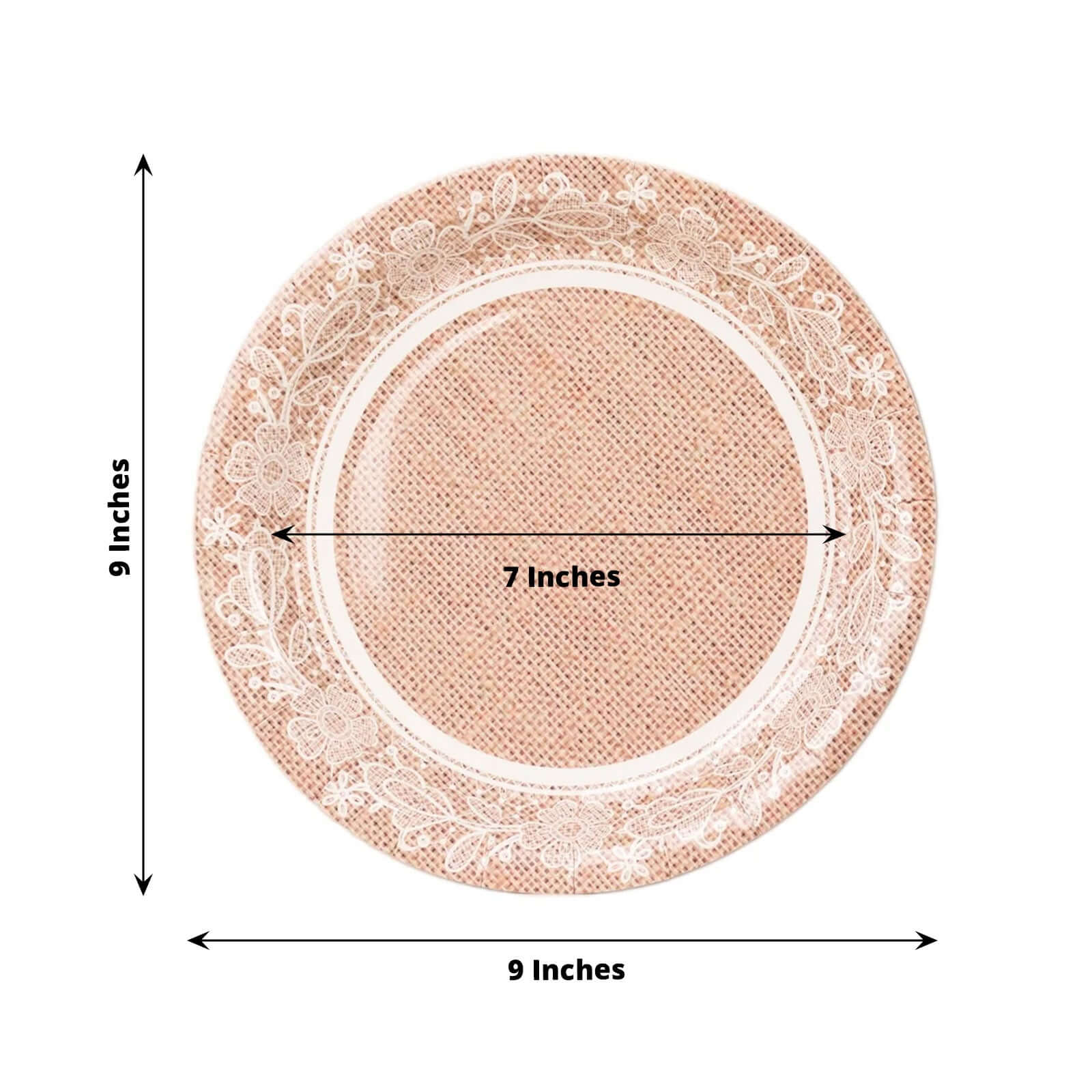 25-Pack 9-Inch Round Disposable Paper Dinner Plates with Natural Burlap & White Floral Lace Design