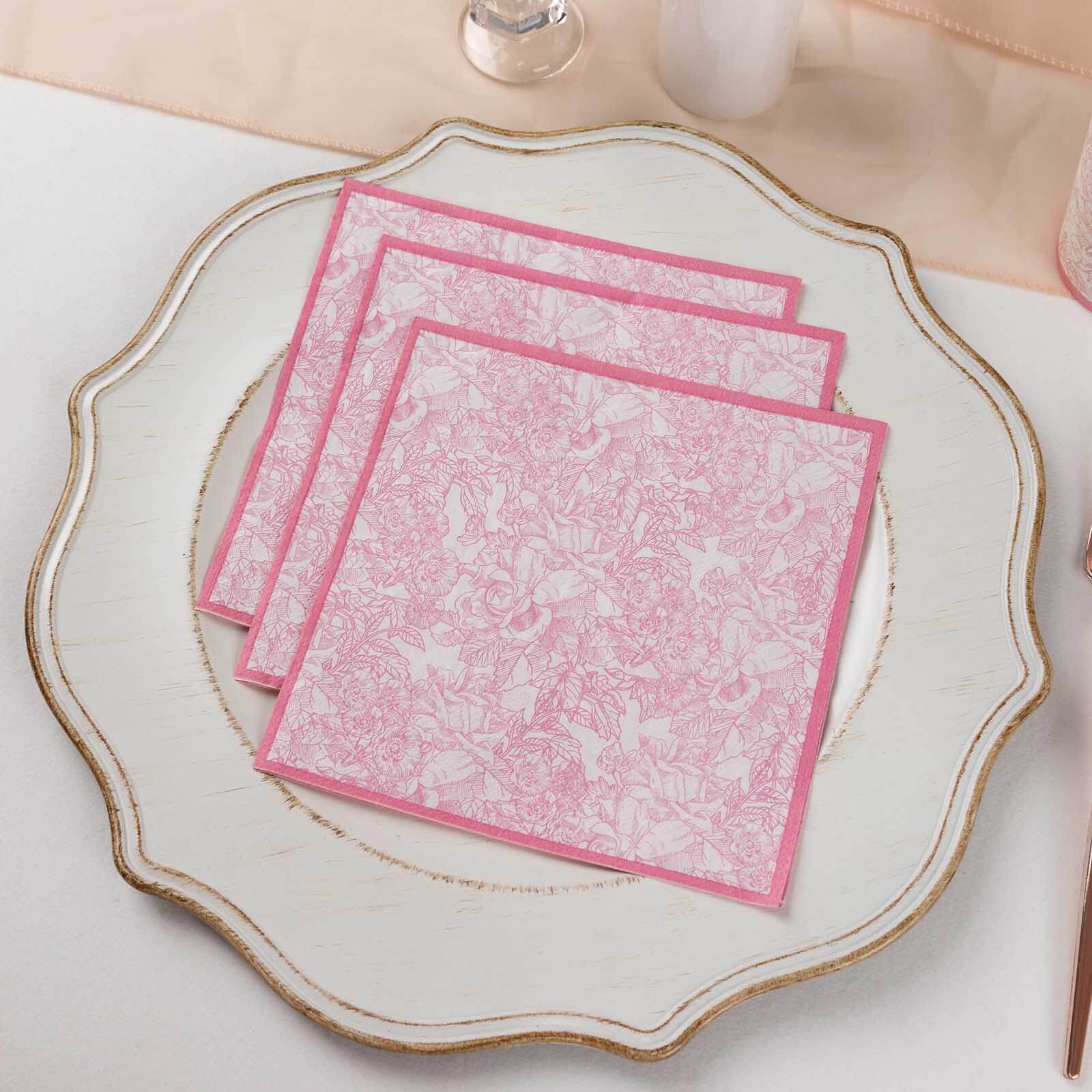 25-Pack Disposable Paper Cocktail Napkins with French Toile Floral Print in White/Pink - Highly Absorbent 2 Ply