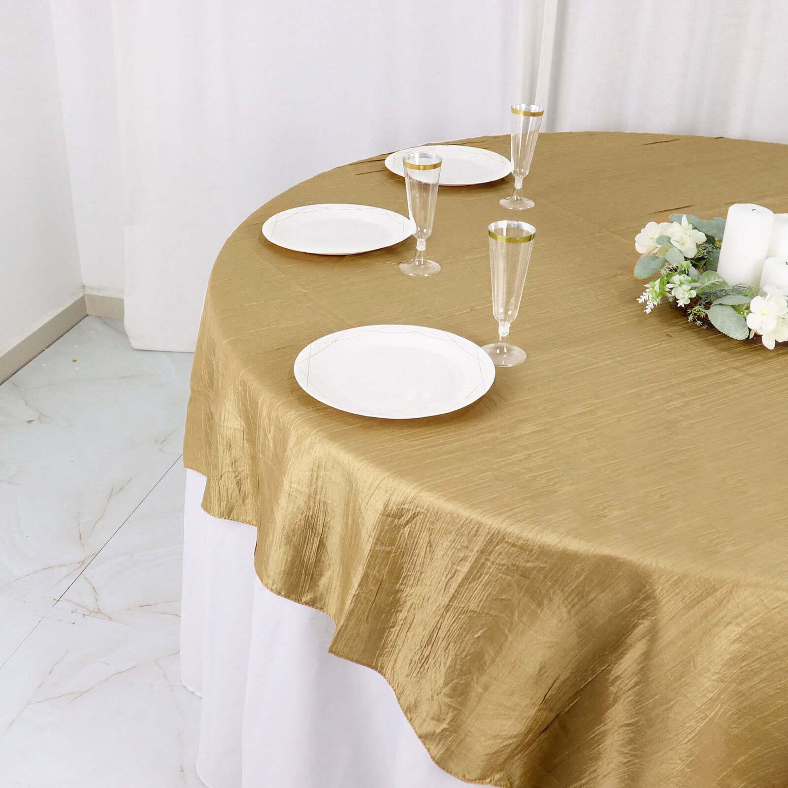 Gold Accordion Crinkle Design 72x72 Square Taffeta Table Overlay for Stylish Events