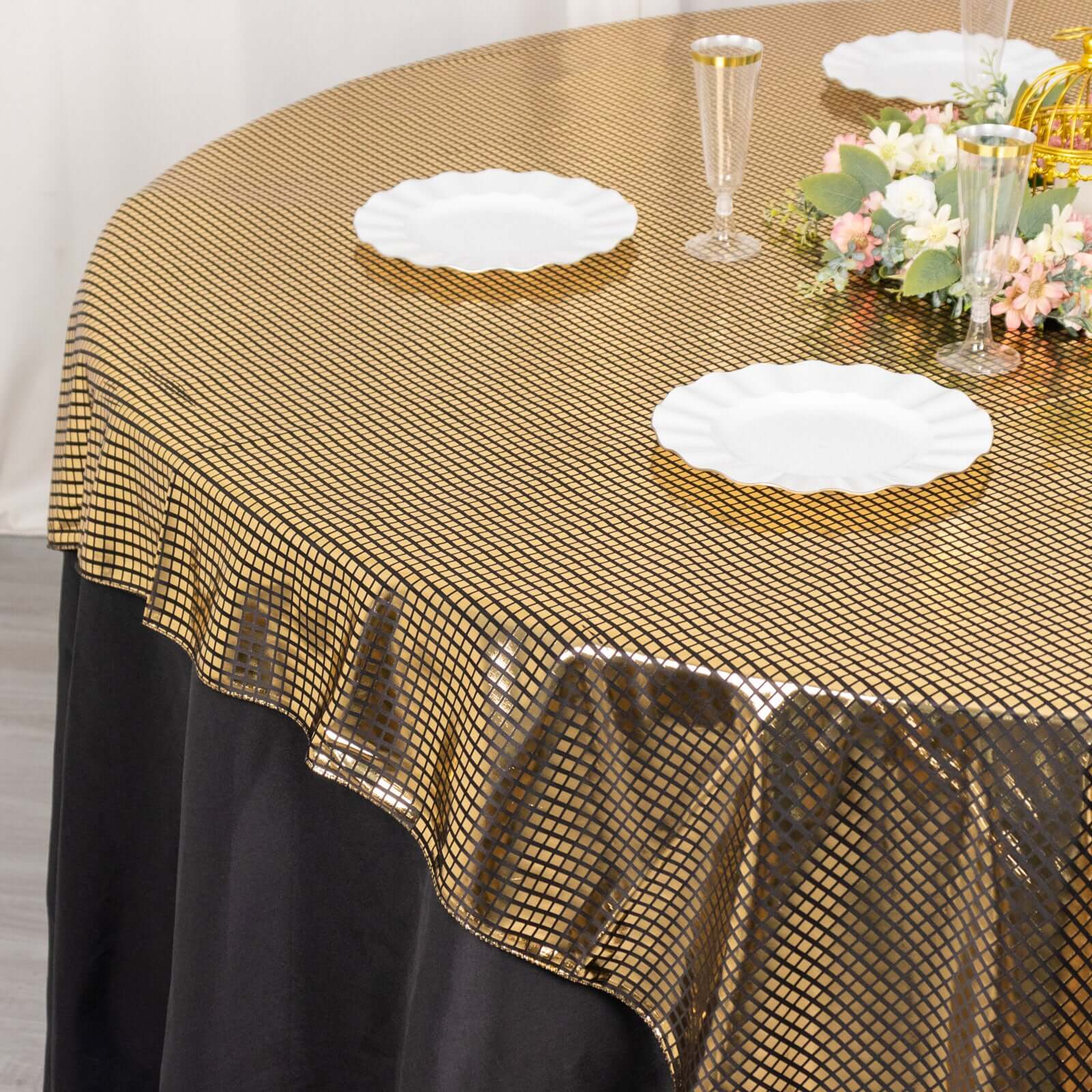 Stylish Black - Gold Foil Disco Mirror Ball Polyester 72x72 Square Table Overlay for Celebrations