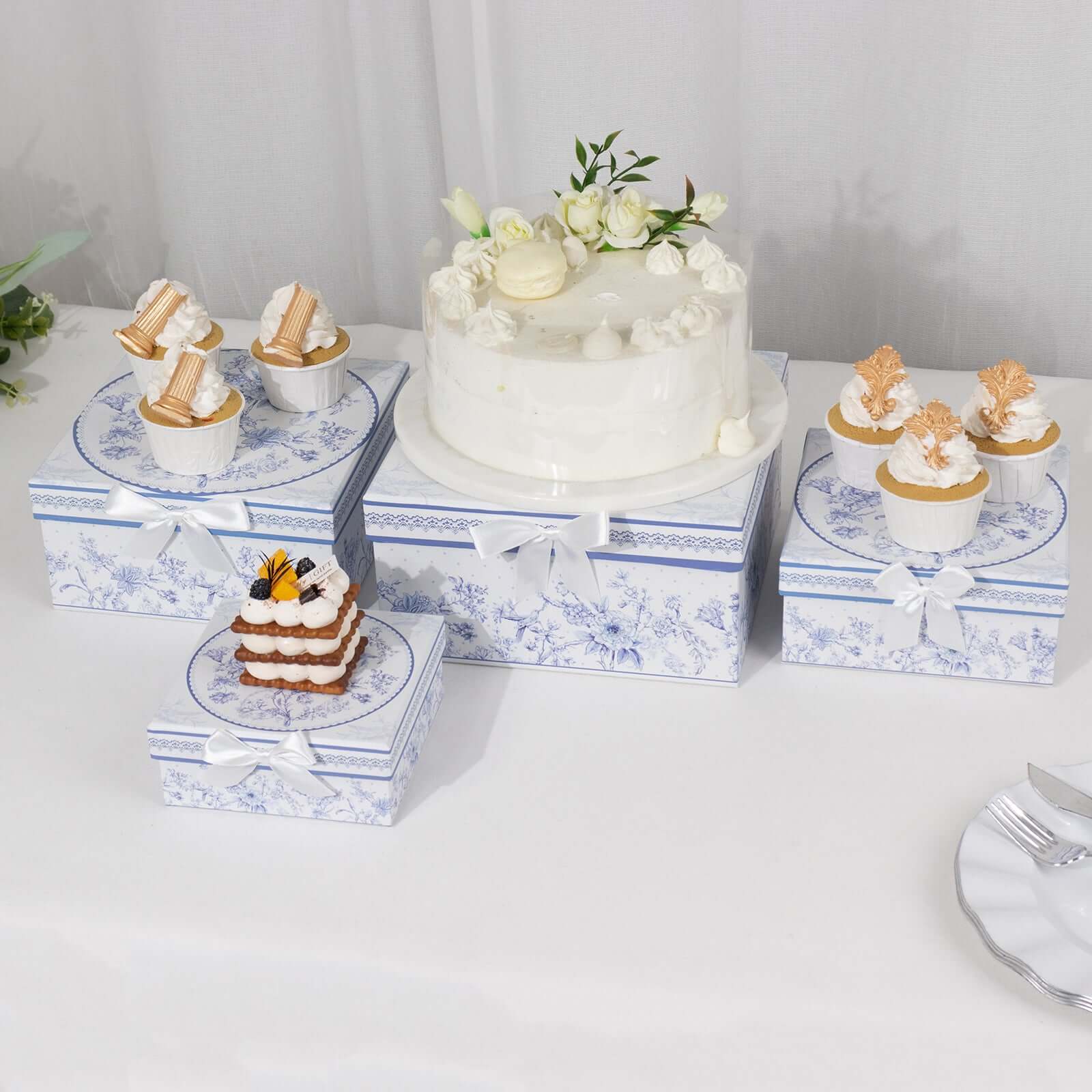 Hot! Set of 4 White & Blue French Toile Cardstock Nesting Gift Boxes - Stackable & Reusable