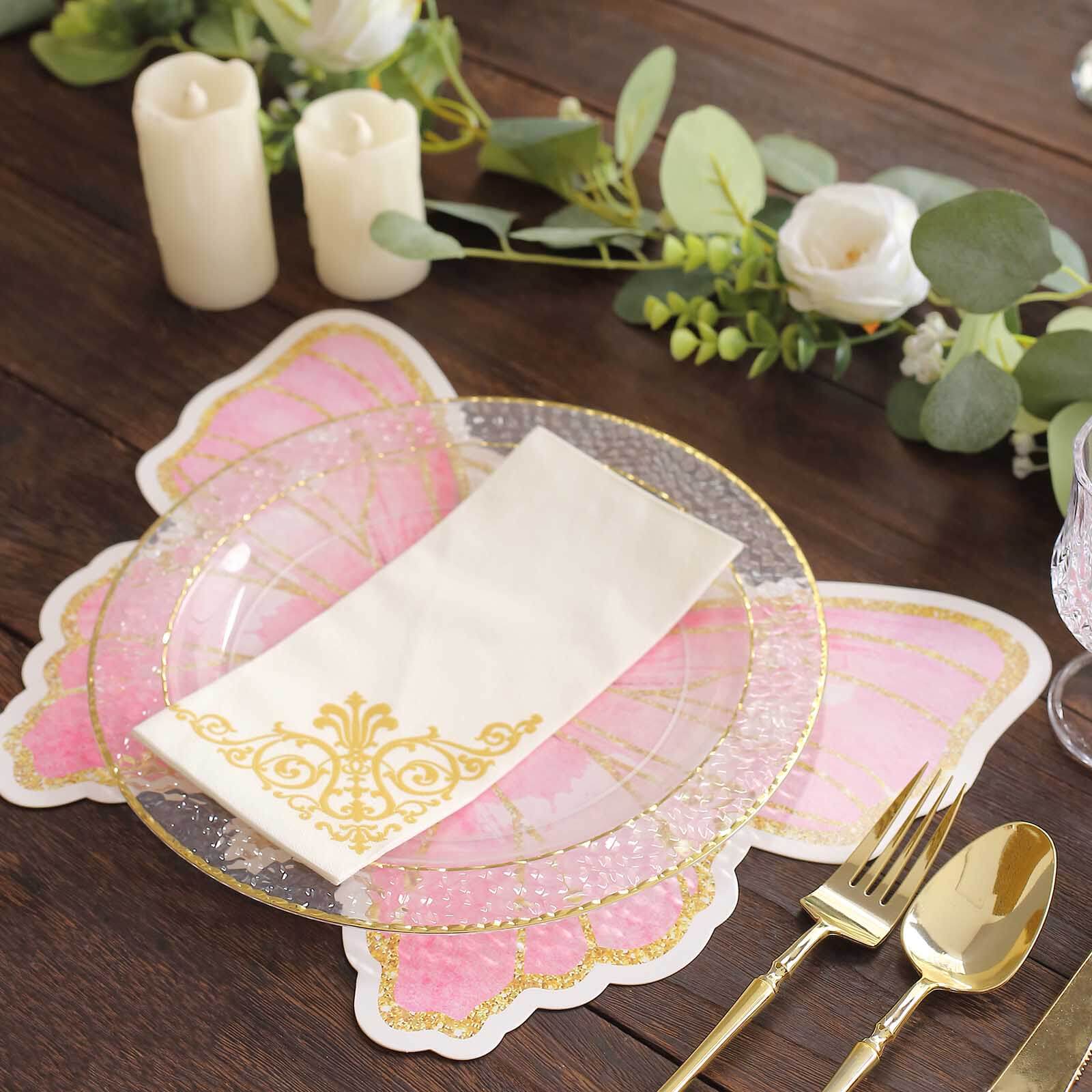 10-Pack Premium Disposable Pink Butterfly Placemats with Gold Glitters for Kids' Parties