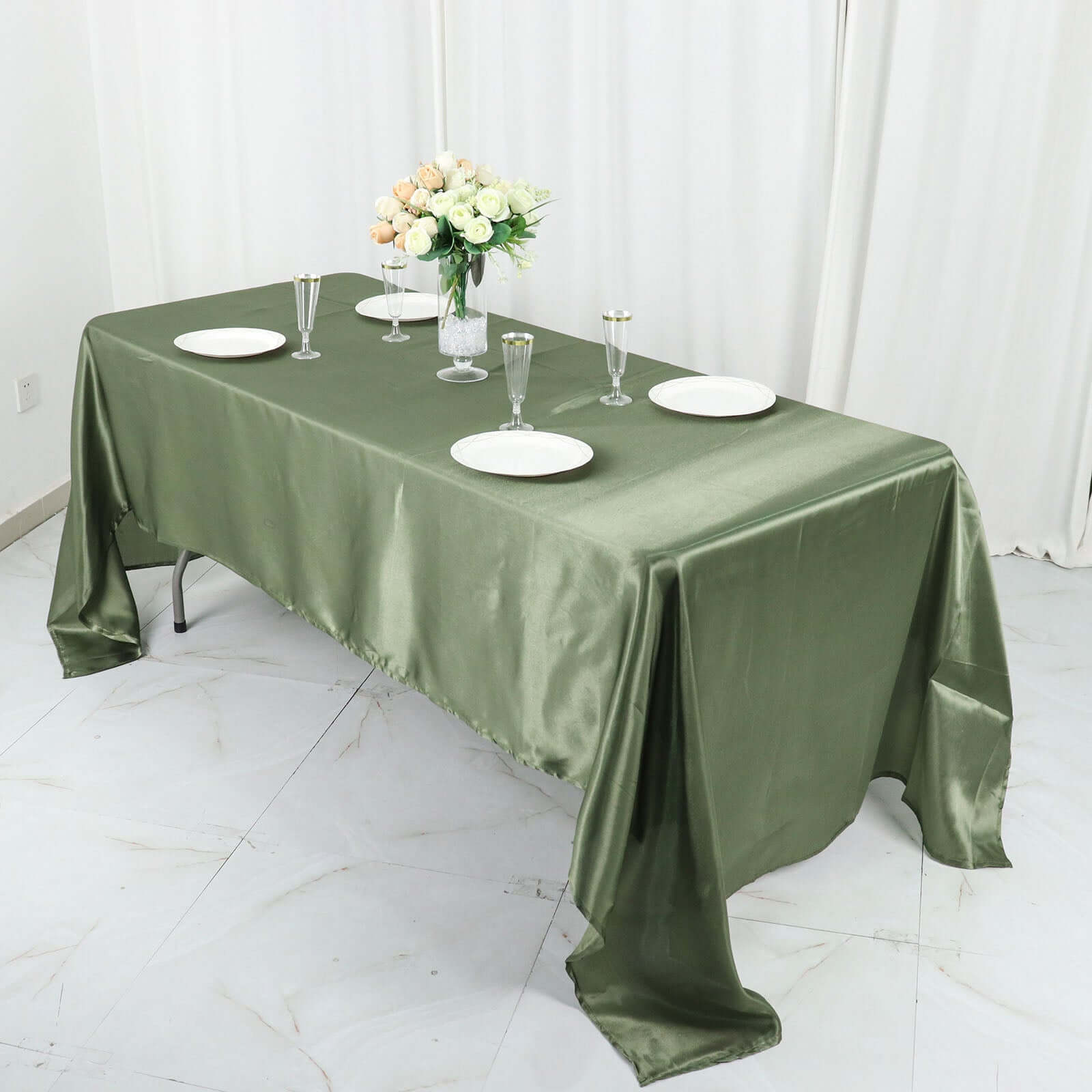 Dusty Sage Green Satin Tablecloth 60x126 - Lustrous and Wrinkle-Resistant