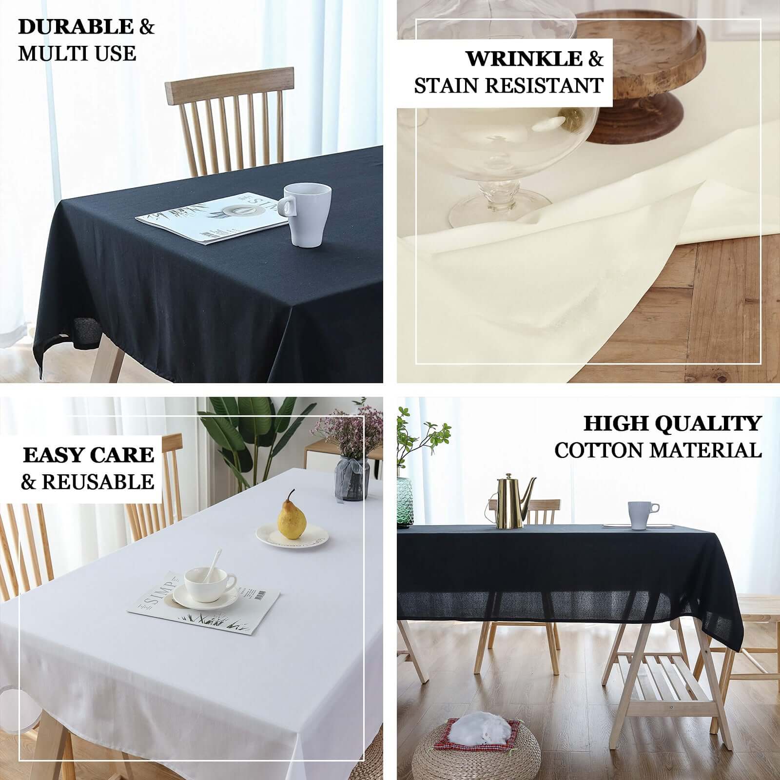 Soft & Breathable 100% Cotton Black Rectangle Tablecloth 60x102 - Ideal for Events