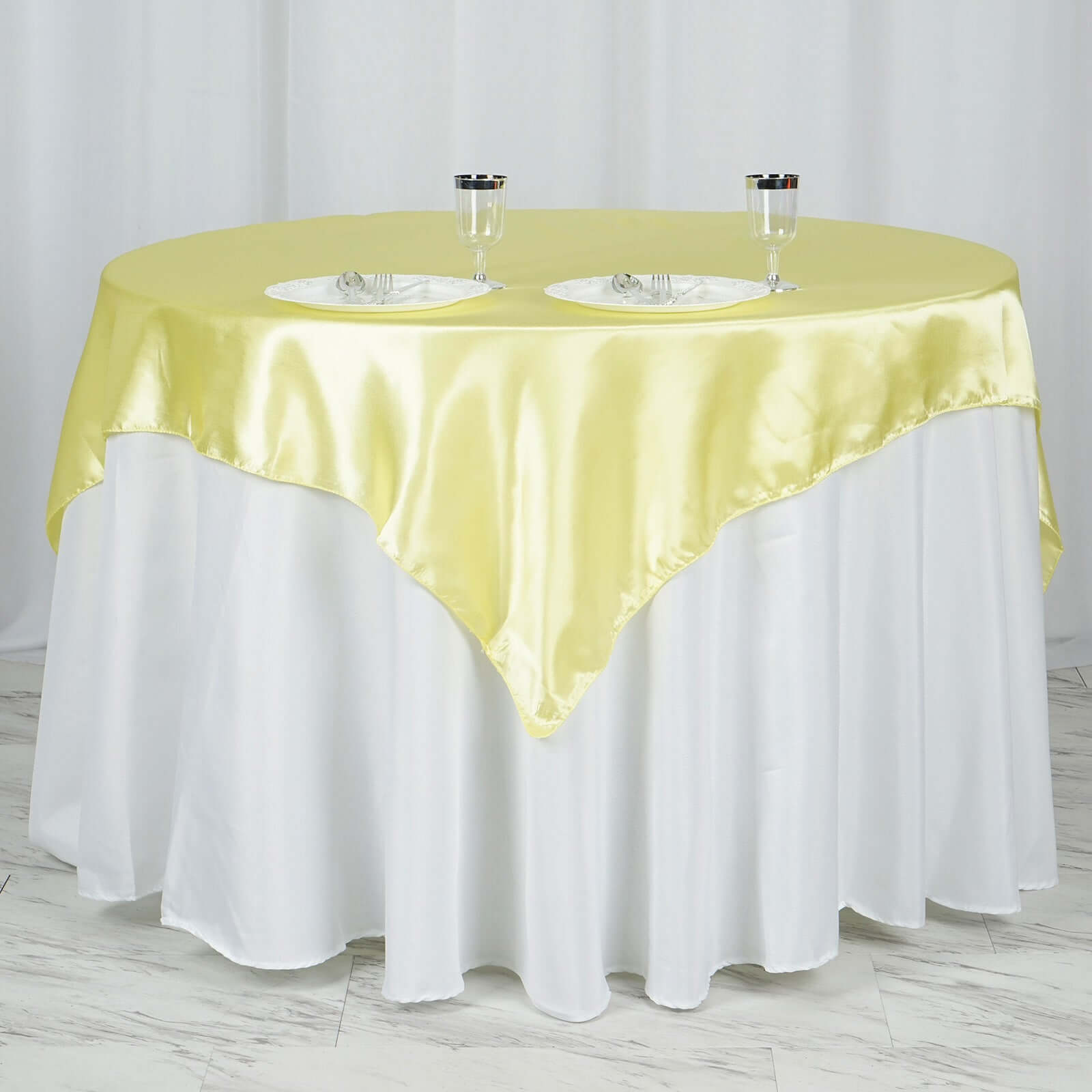 Hot Deal! 60x60 Yellow Satin Square Table Overlay - Smooth & Silky Table Cover