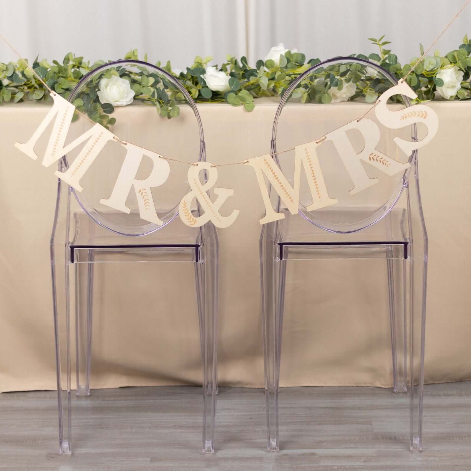 10ft Handmade Natural Pre - Strung Mr & Mrs Wooden Letter Banner with Rustic Botanical Design for Anniversaries