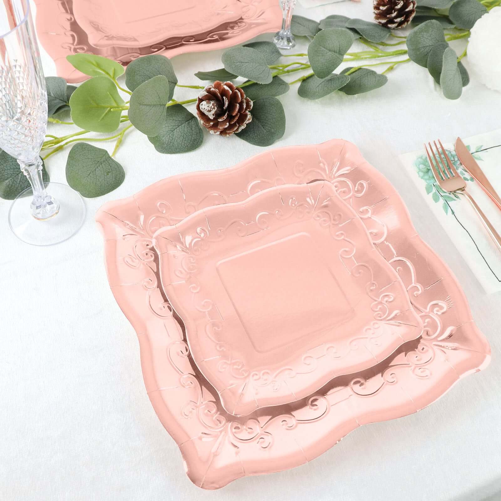 Hot Sale! 25-Pack Disposable Rose Gold Square Dessert Appetizer Paper Plates with Vintage Pottery Embossed Design