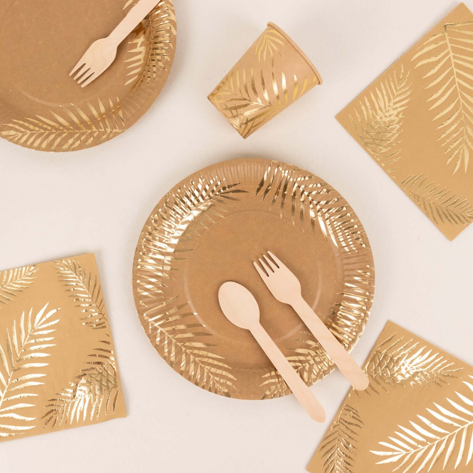 Hot Sale! 72-Piece Disposable Paper Dinnerware Set with Gold Foil Palm Leaves Print