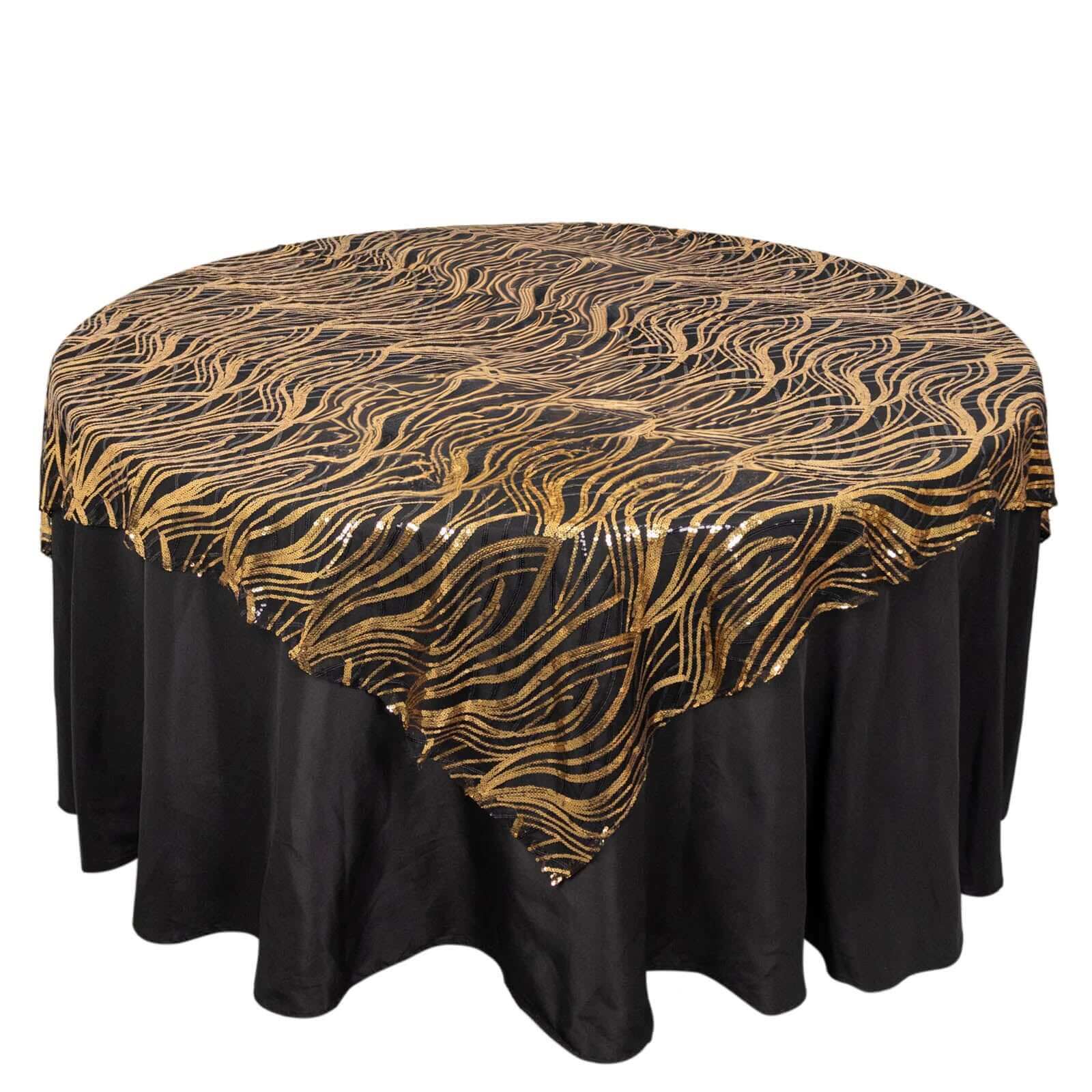 Black Gold Square Mesh Table Overlay with Wave Embroidered Sequins - Exclusive Offer