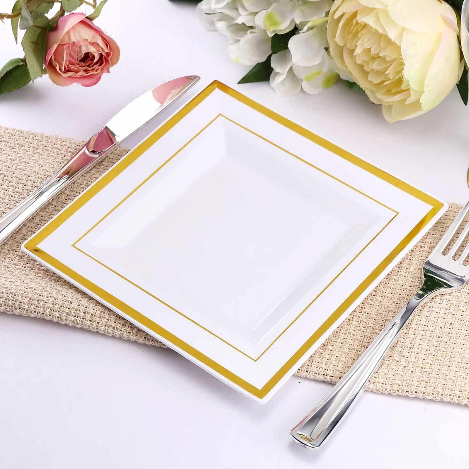 10-Pack Disposable White Square Salad & Dessert Plates with Gold Trim, 7" Size