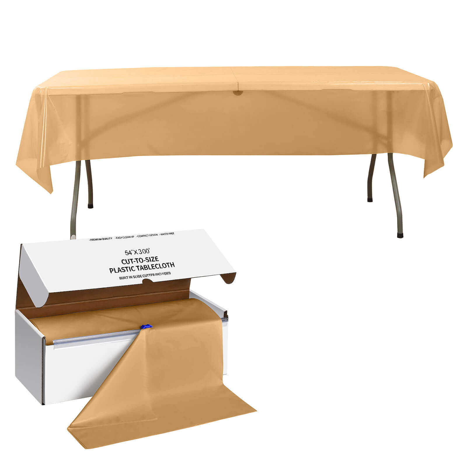 Customizable Gold Plastic Table Cover Roll with Slide Cutter, 54x300ft