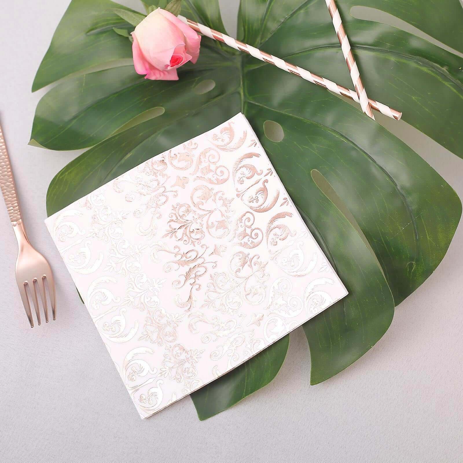 20-Pack Disposable 3-Ply Vintage Rose Gold Metallic Print Paper Dinner Napkins for Weddings