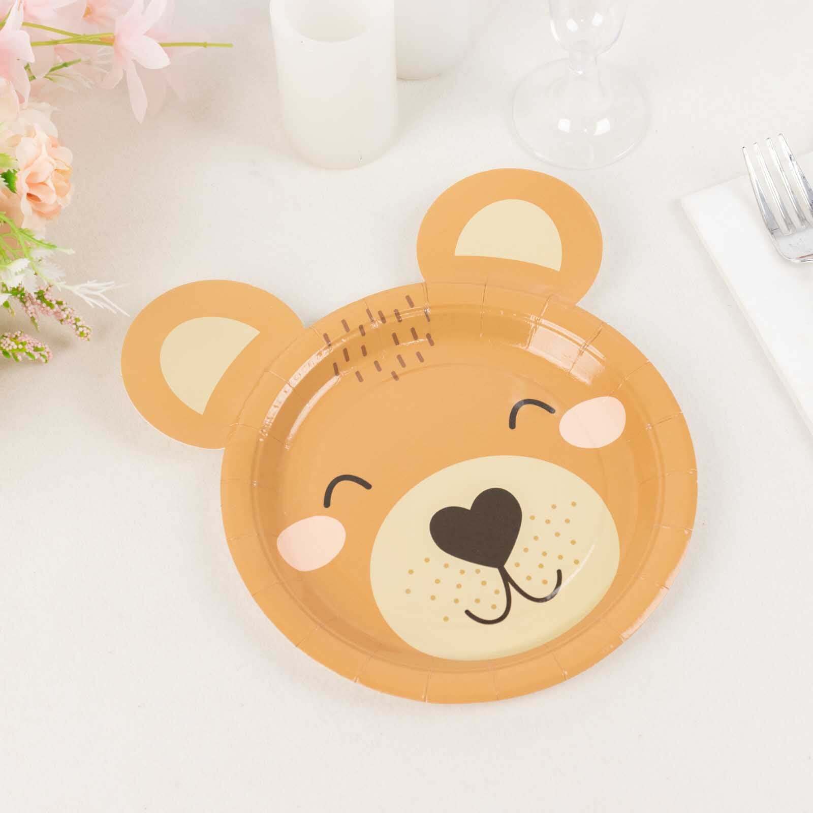 25-Pack Disposable 300GSM Brown Round Paper Plates with Cute Teddy Bear Print for Party