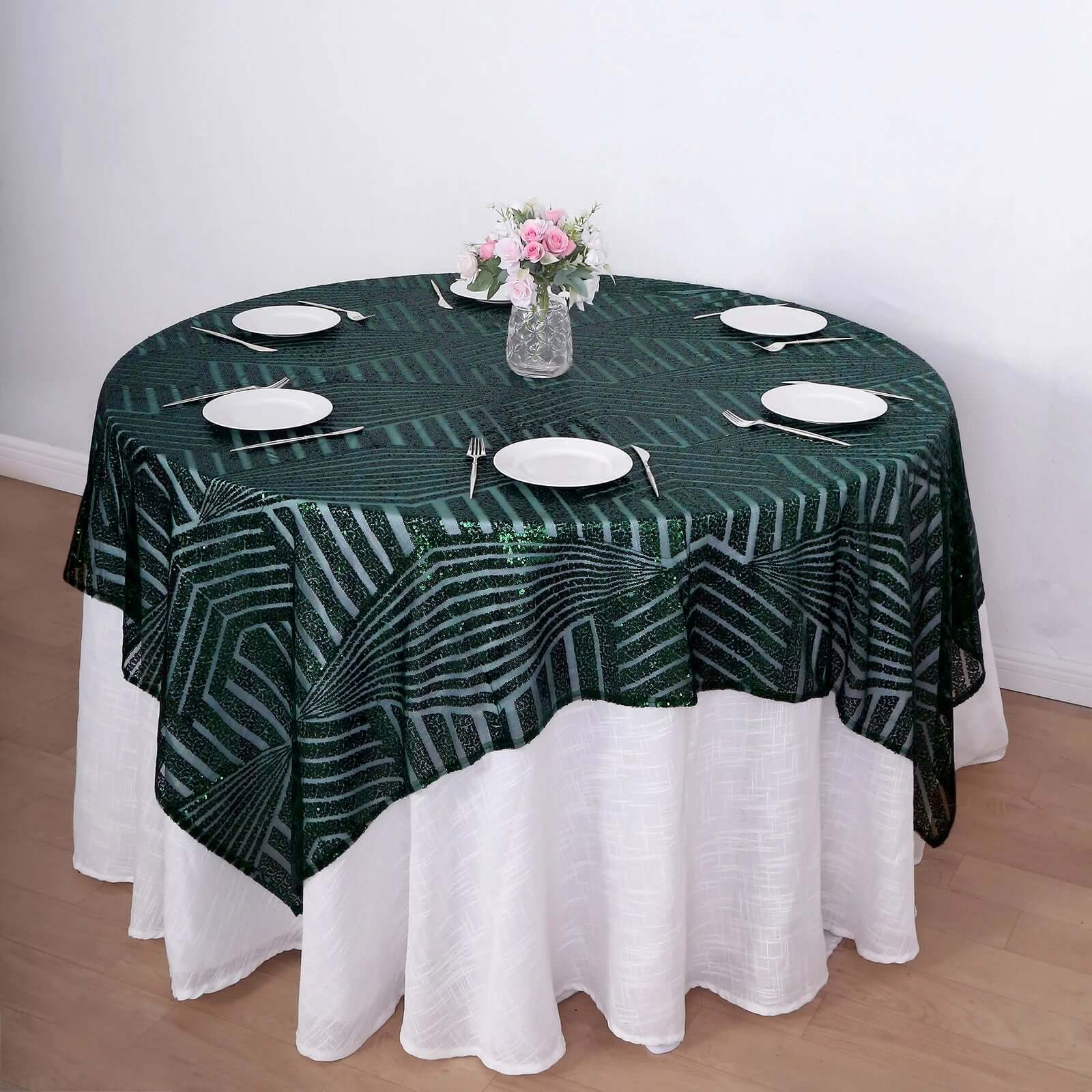 72-Inch Square Hunter Emerald Green Diamond-Pattern Sequin Table Overlay Topper