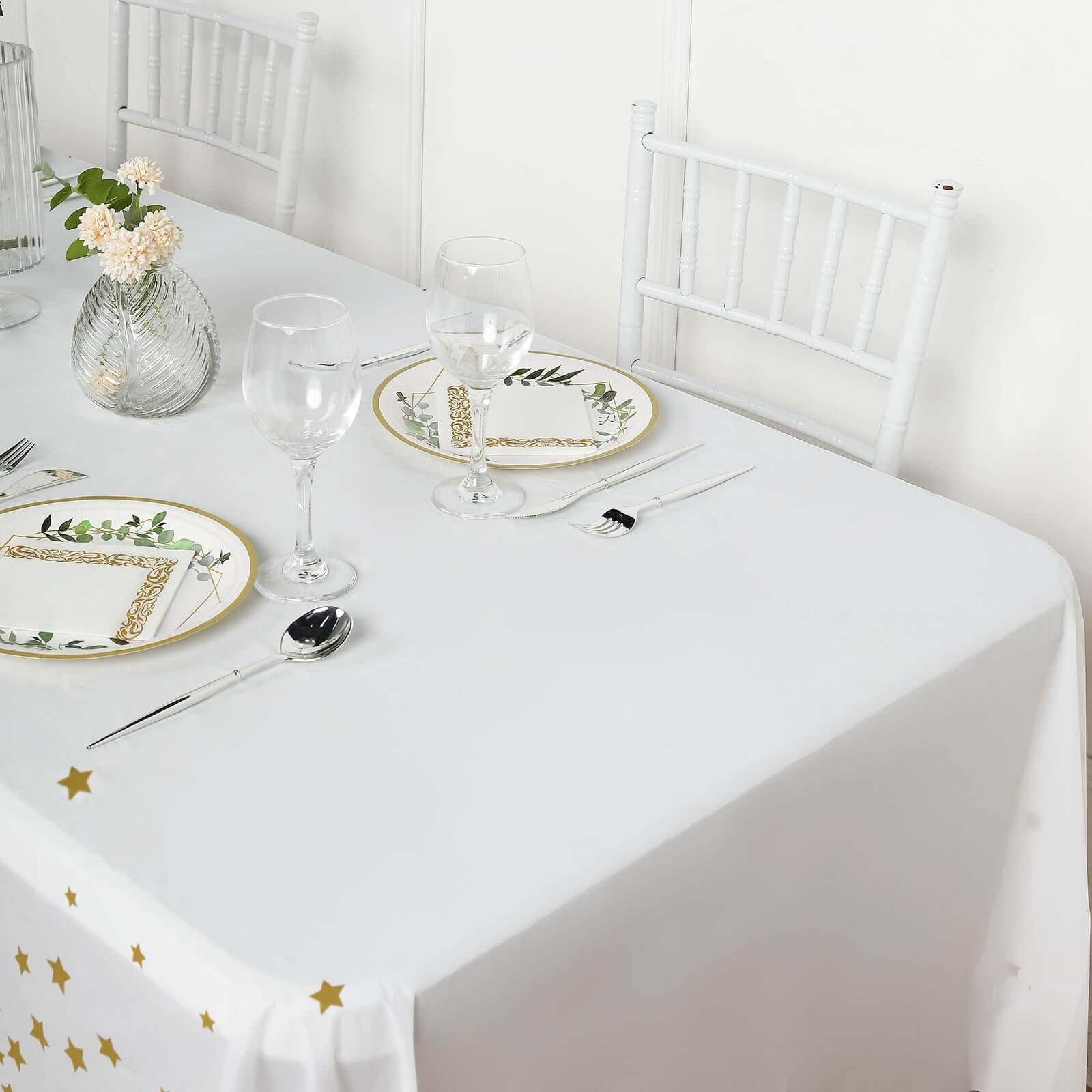 5-Pack Disposable White PVC Table Covers with Gold Stars, 54x108 Rectangle
