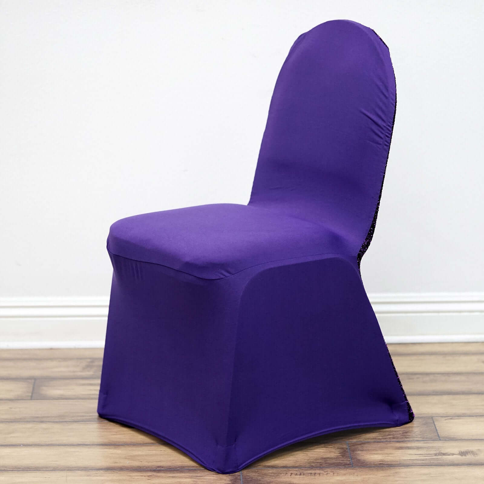 Hot! Purple Fitted Spandex Banquet Chair Cover with Metallic Shimmer Tinsel Back