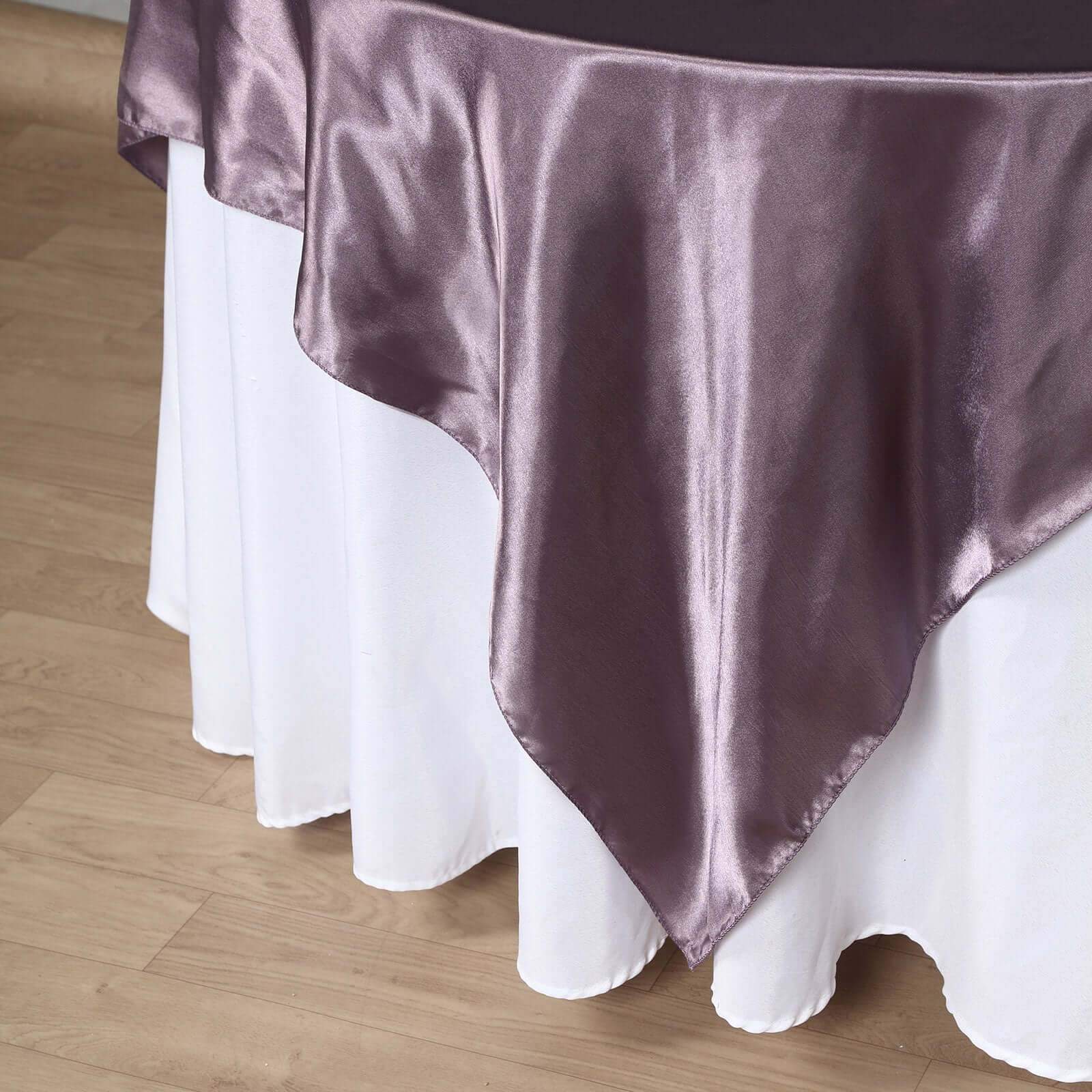 Exclusive 72x72 Violet Amethyst Satin Square Table Overlay with Smooth Finish