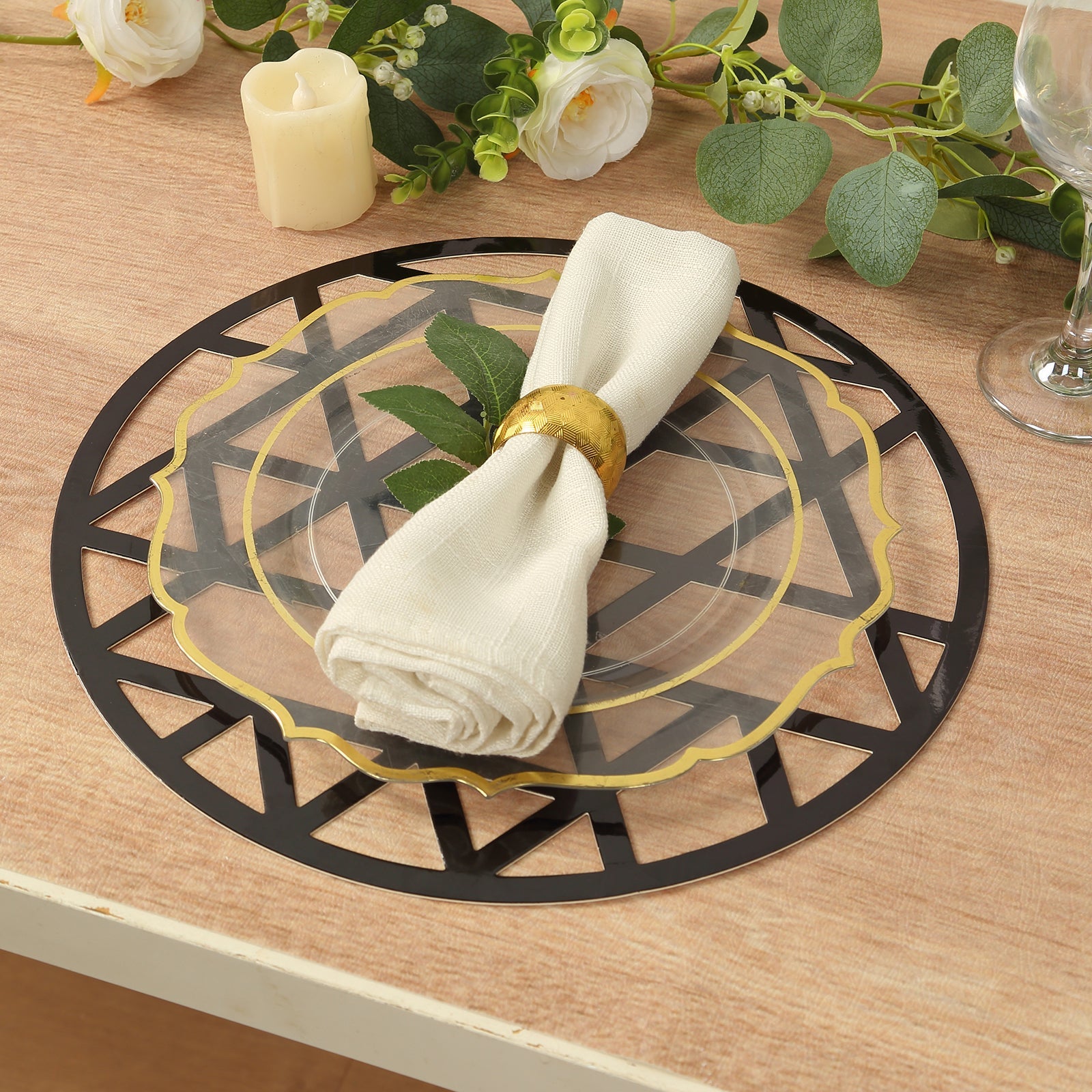 Hot Sale! 6-Pack Black Cardboard Disposable Table Placemats with Laser-Cut Geometric Triangle Design, 13 Inches