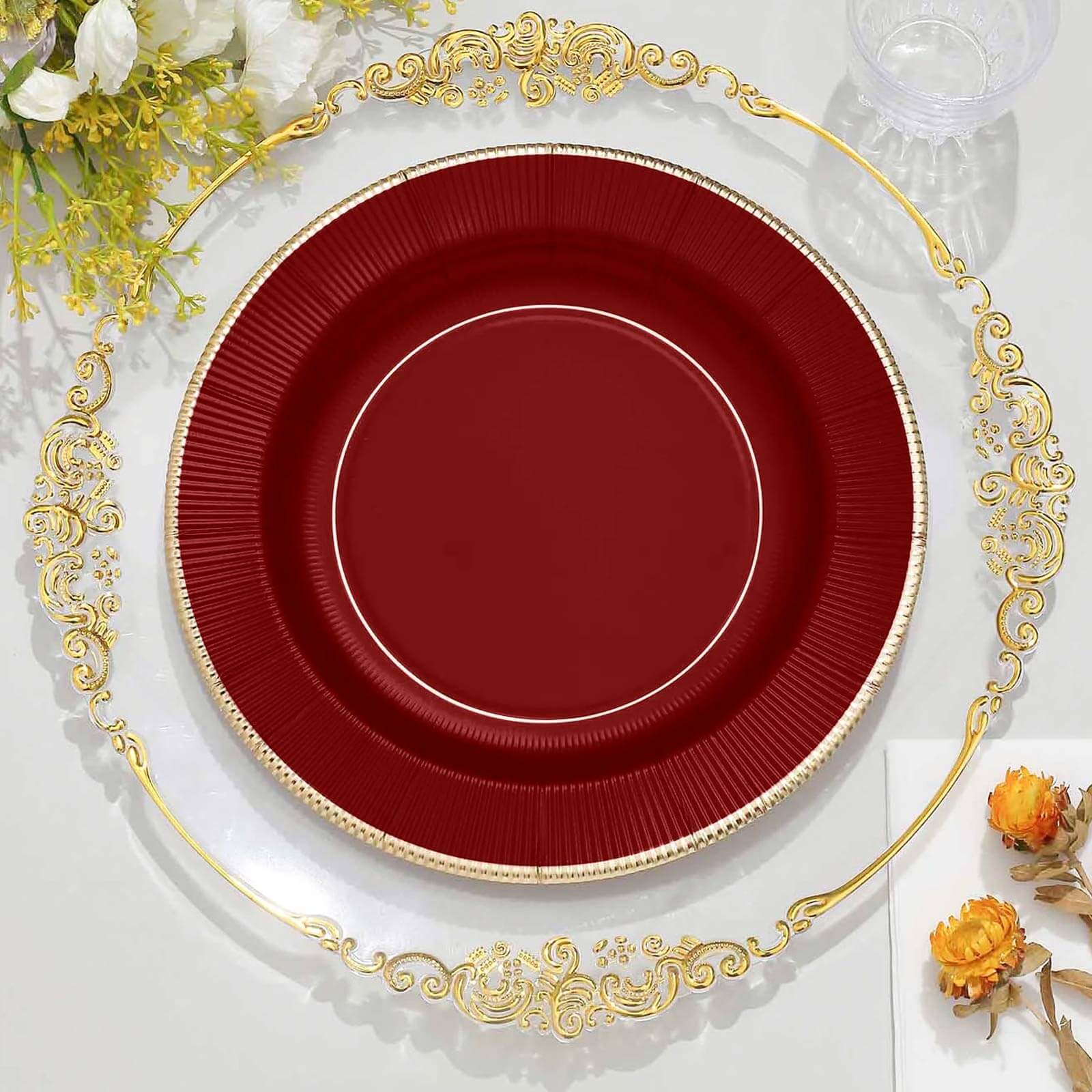 25-Pack Disposable Heavy Duty 350GSM Paper Round Dinner Plates in Burgundy Sunray Design with Gold Rim - Perfect for Parties