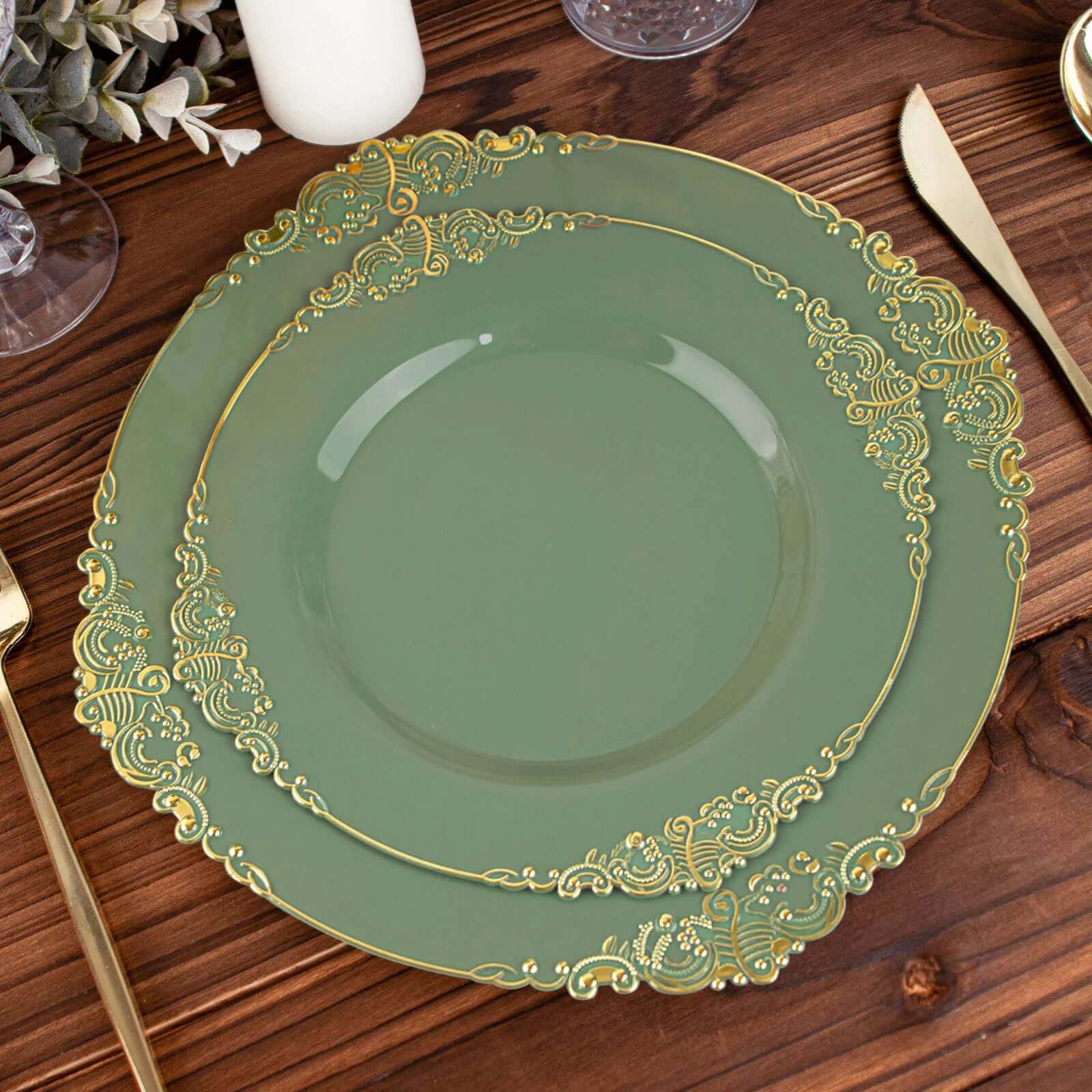 10-Pack Disposable Vintage Baroque Style Plastic Round Salad Dessert Plates in Dusty Sage Green with Gold Leaf Rim
