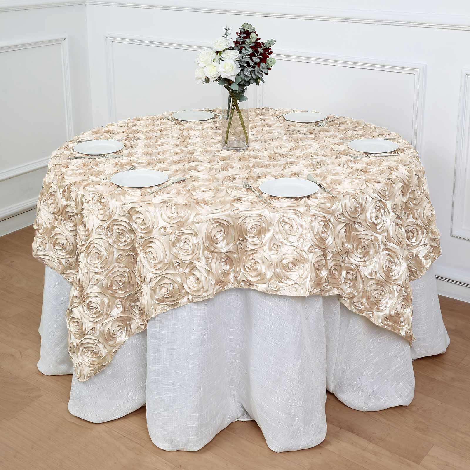 Beige 72x72 Satin Square Table Overlay with 3D Rosette Design
