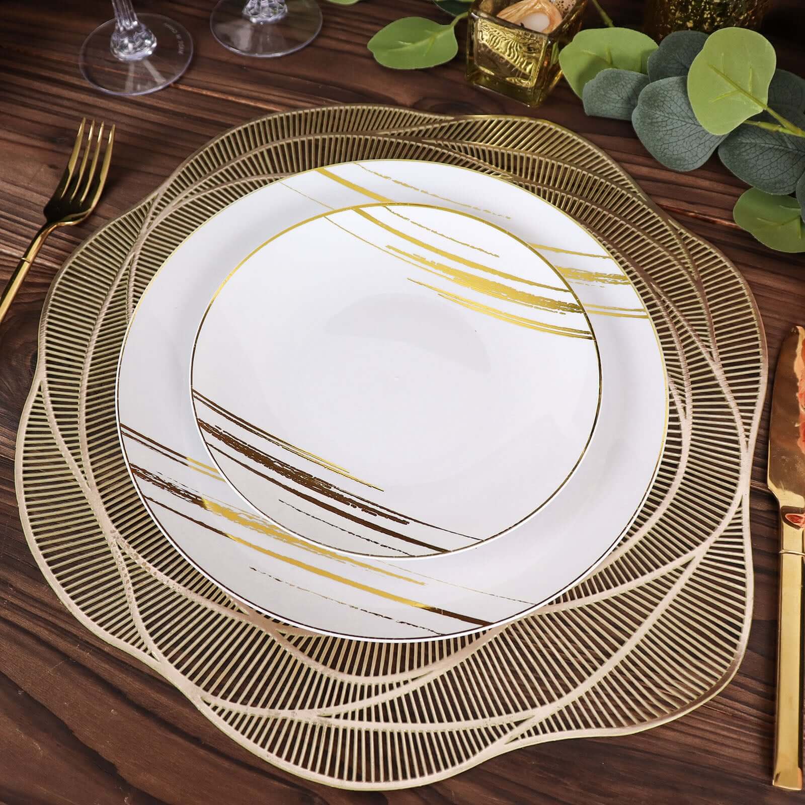 Hot Deal! 6-Pack Metallic Gold Rose Flower Vinyl Round Non-Slip Washable Dining Table Mats, 15"