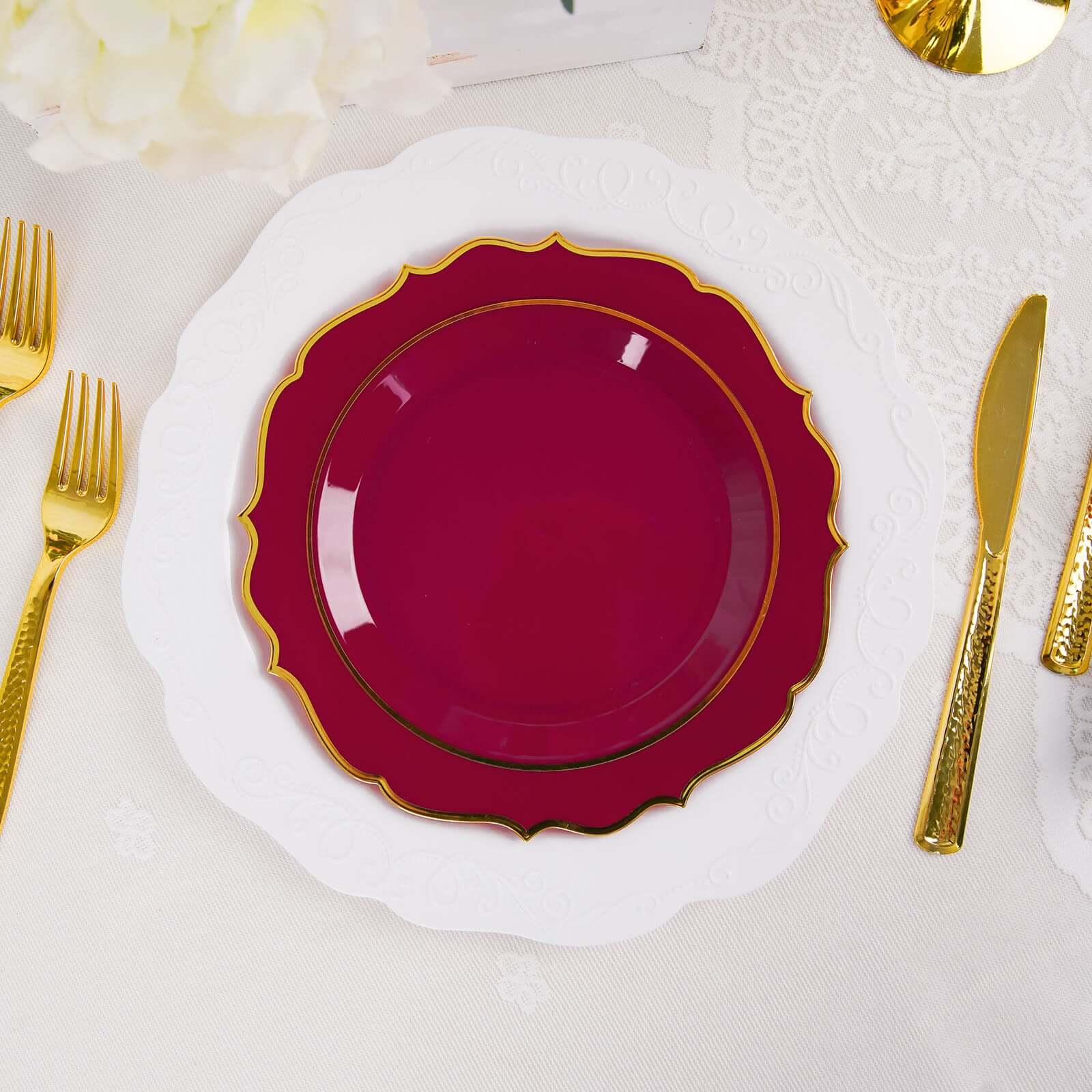 10-Piece Set of Disposable Burgundy Plastic Round Desert Plates with Gold Scalloped Rim, 8-Inch