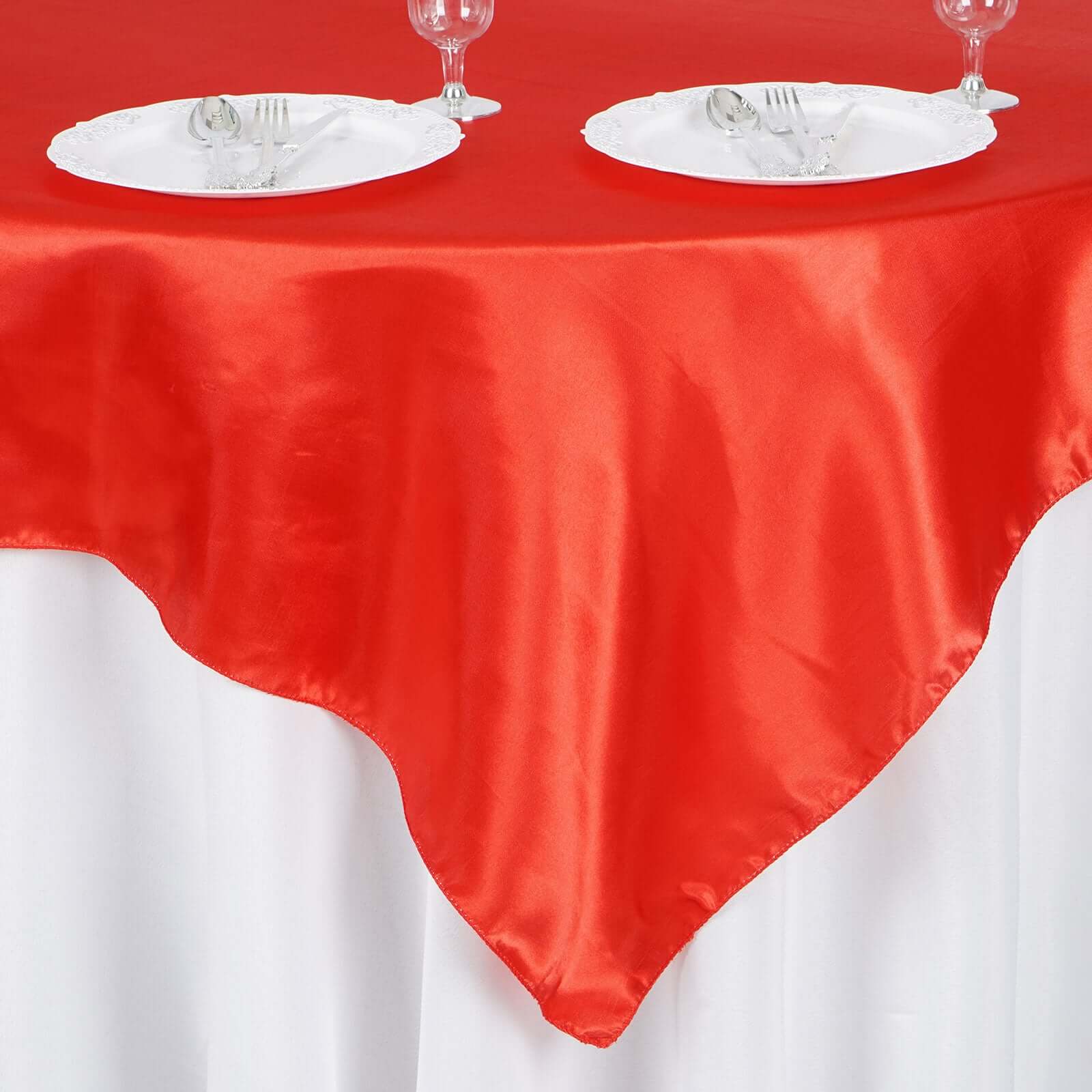 Red Satin Square Table Overlay - 60x60 Tablecloth with Smooth Silky Touch, Ideal for Events