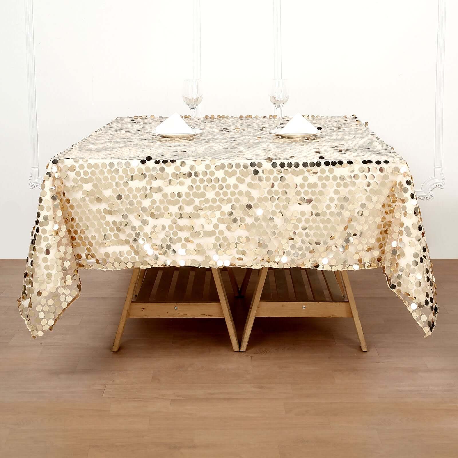 Champagne Sequin 72x72 Square Table Overlay for Big Payette Tables