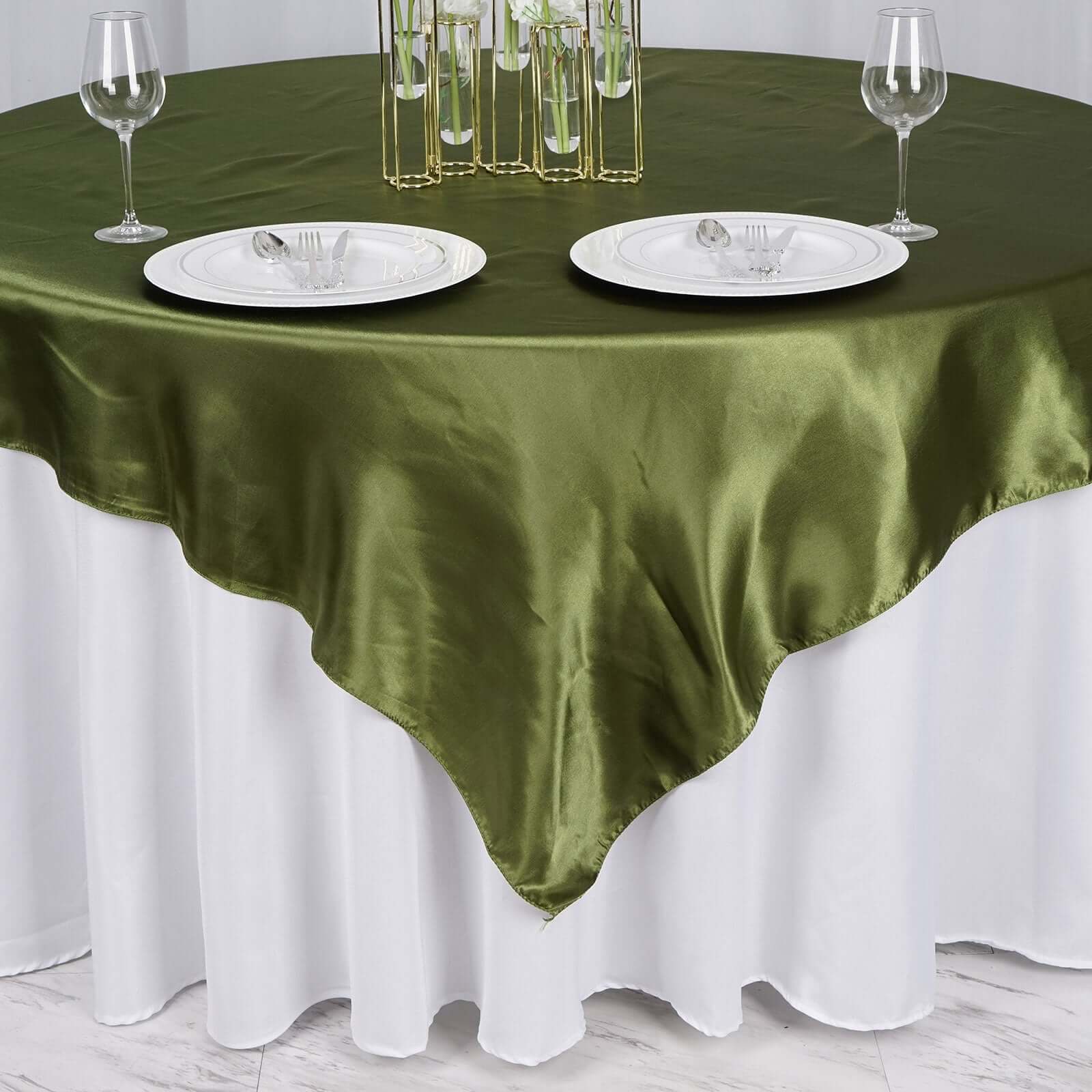 Olive Green Satin 72x72 Square Table Overlay - Smooth Finish Table Cover, Ideal for Events