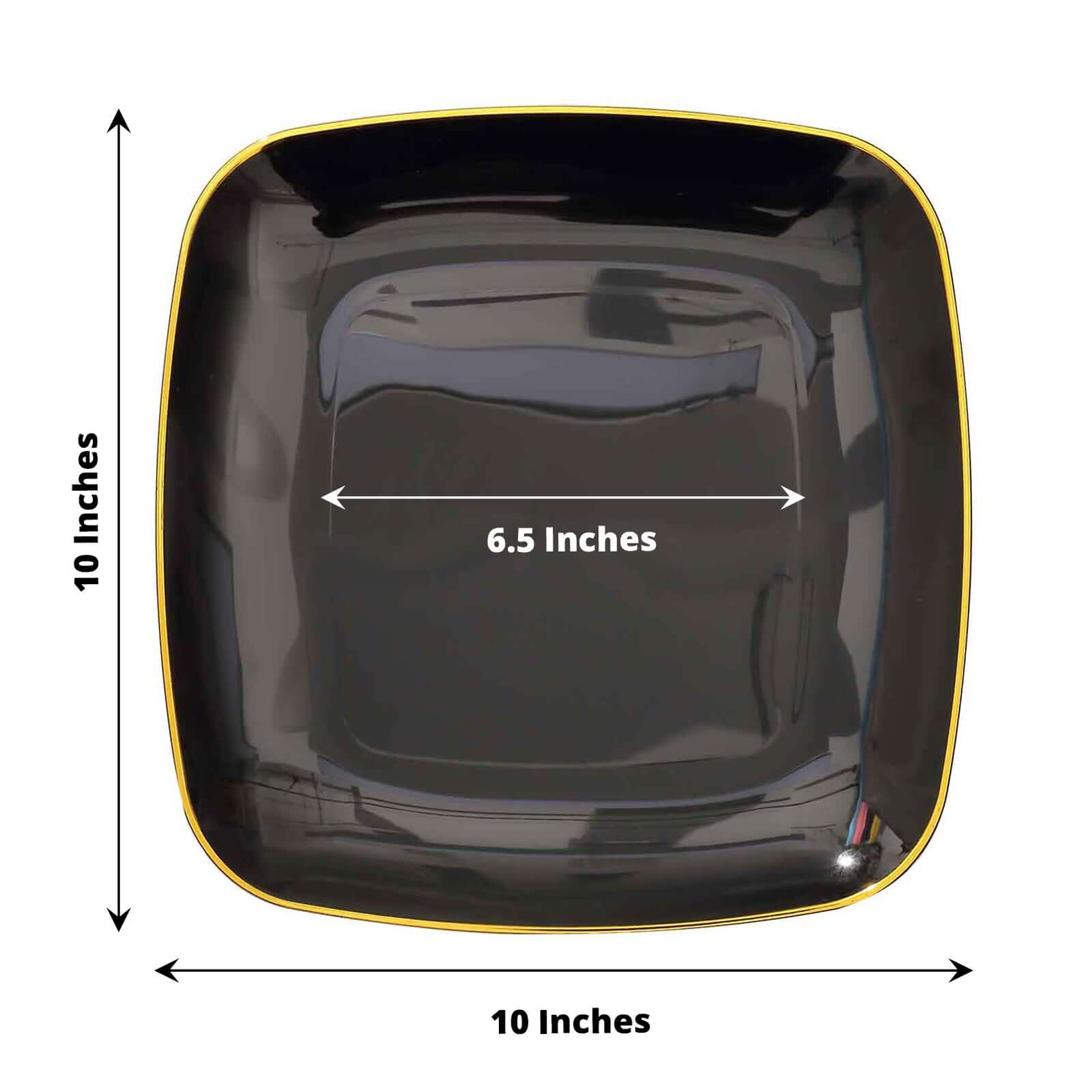 10-Pack Classy Disposable Black Plastic Dinner Plates with Gold Rim, 10 Square