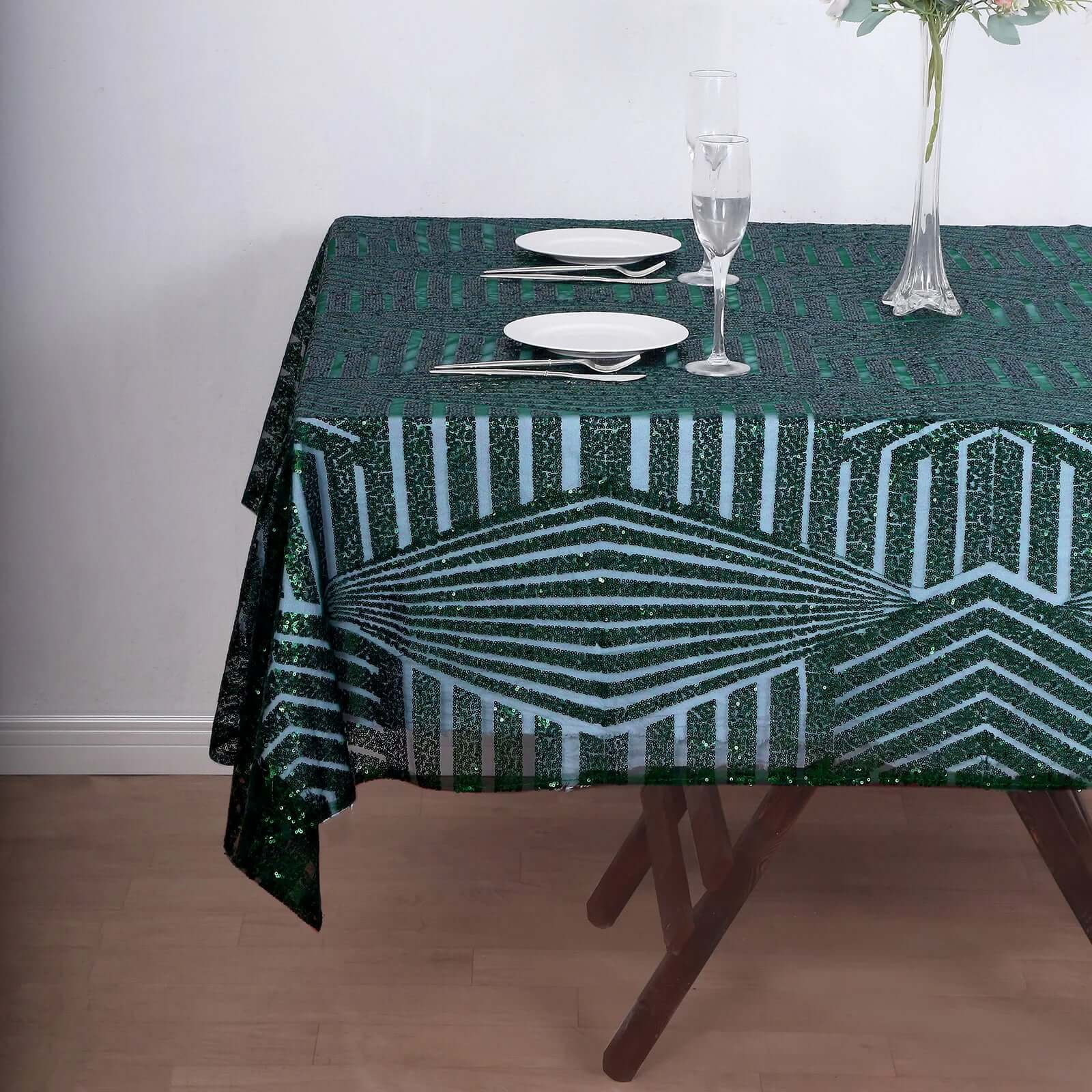 72-Inch Square Hunter Emerald Green Diamond-Pattern Sequin Table Overlay Topper