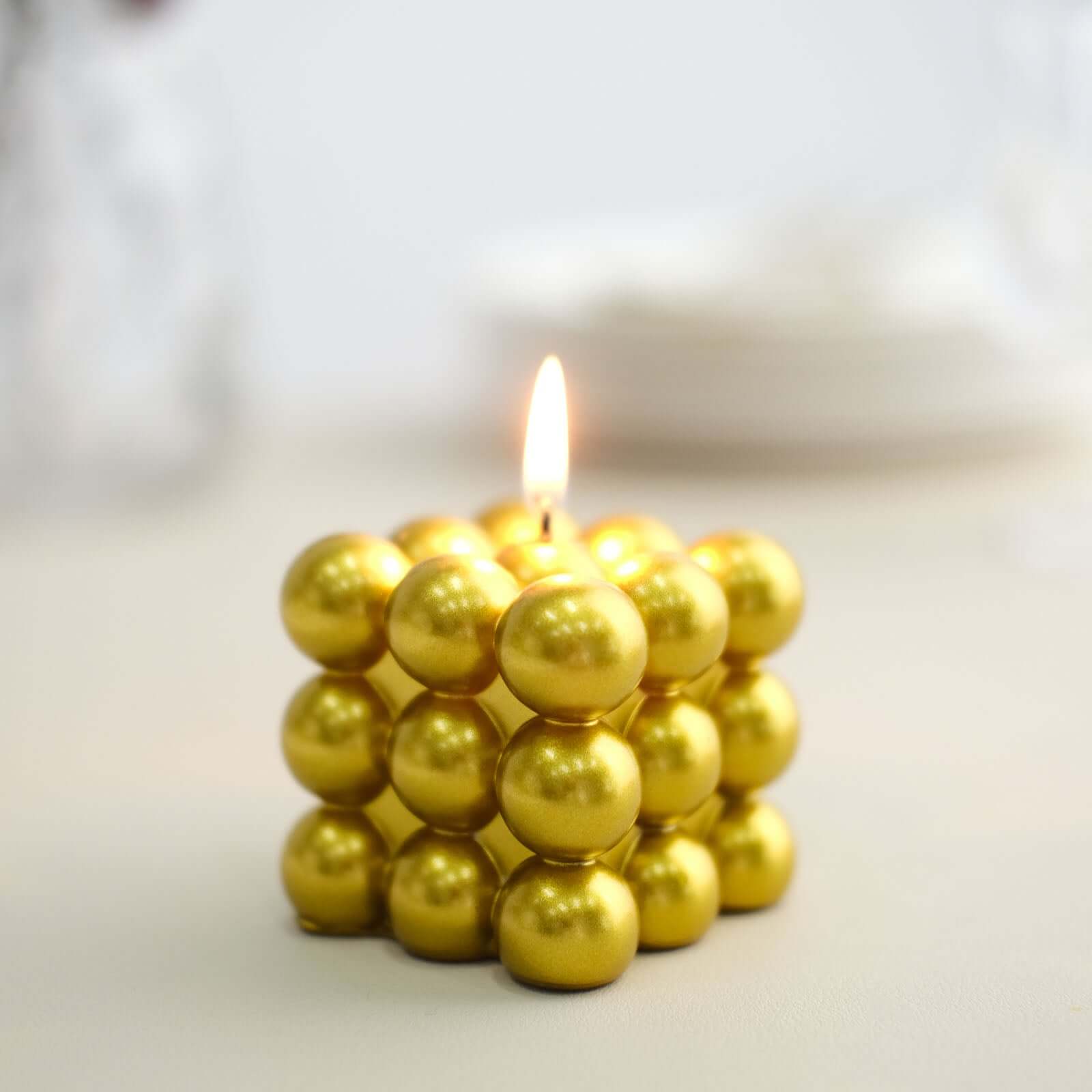 2-Pack Long Burning Unscented Metallic Gold Bubble Cube Paraffin Wax Pillar Candles