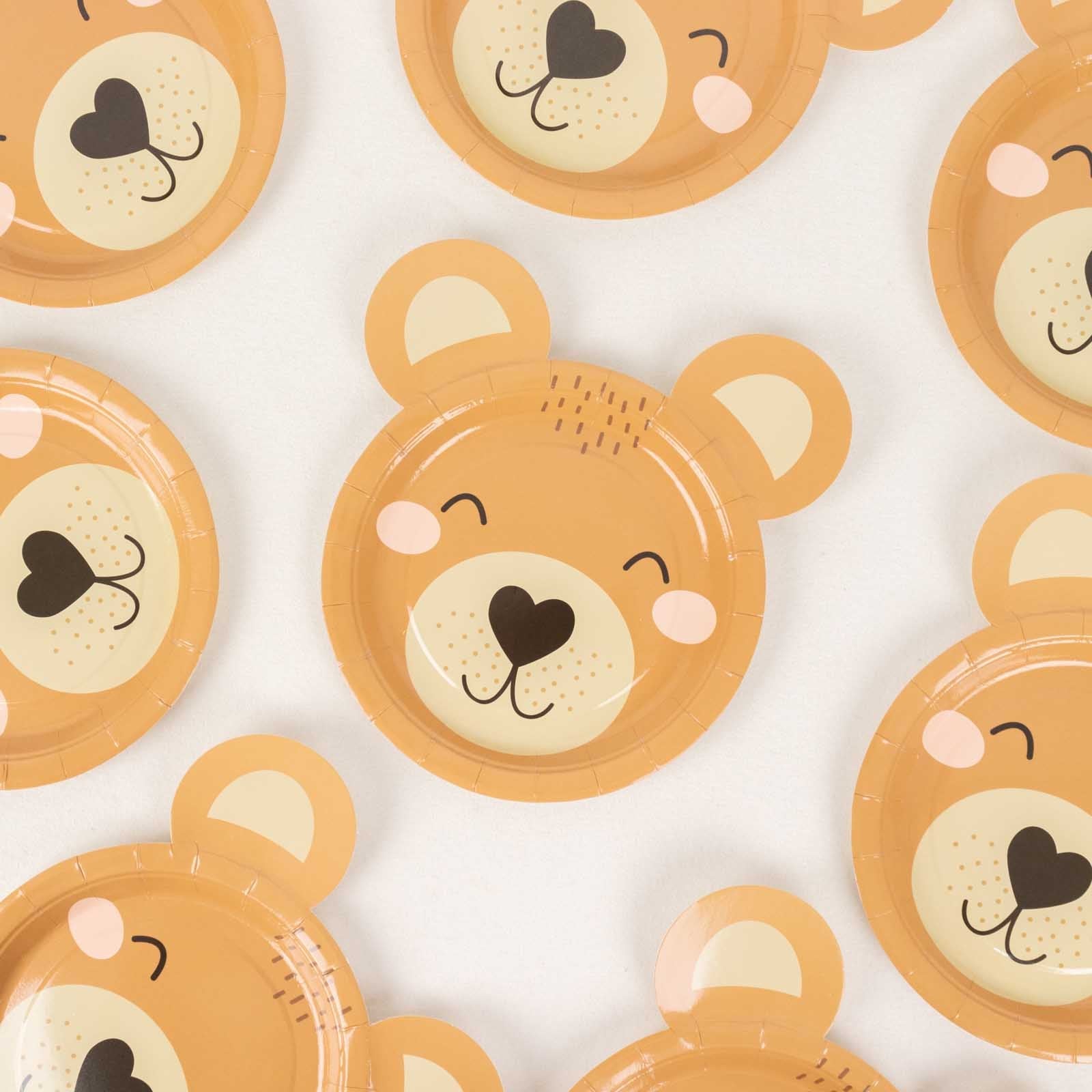 25-Pack Disposable 300GSM Brown Round Paper Plates with Cute Teddy Bear Print for Party
