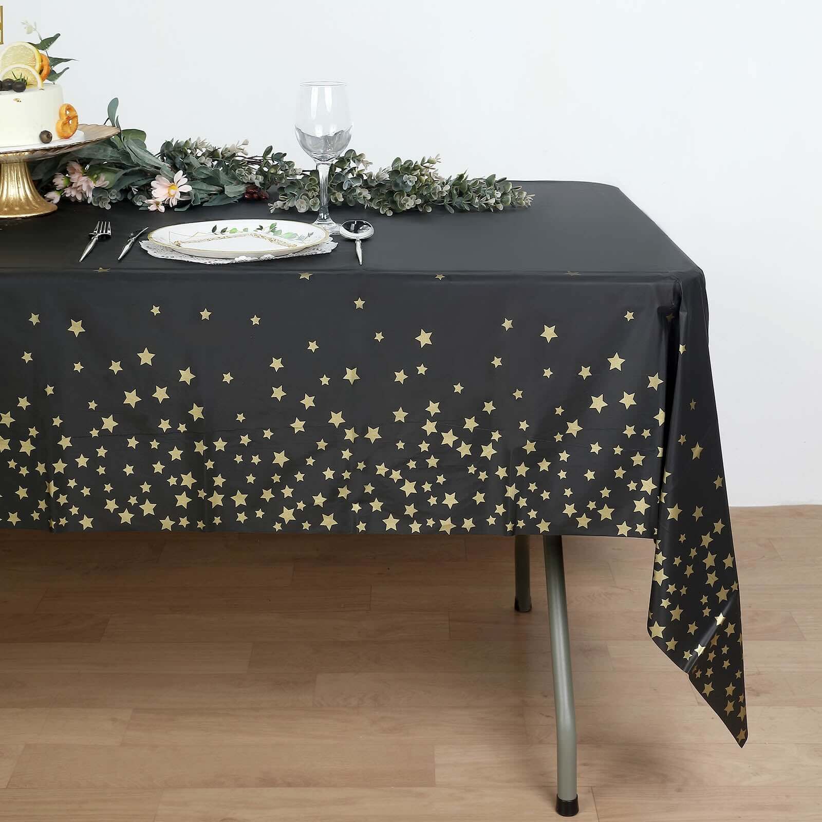 5-Pack Premium Disposable PVC Table Covers: Black Rectangle with Gold Stars, 54x108