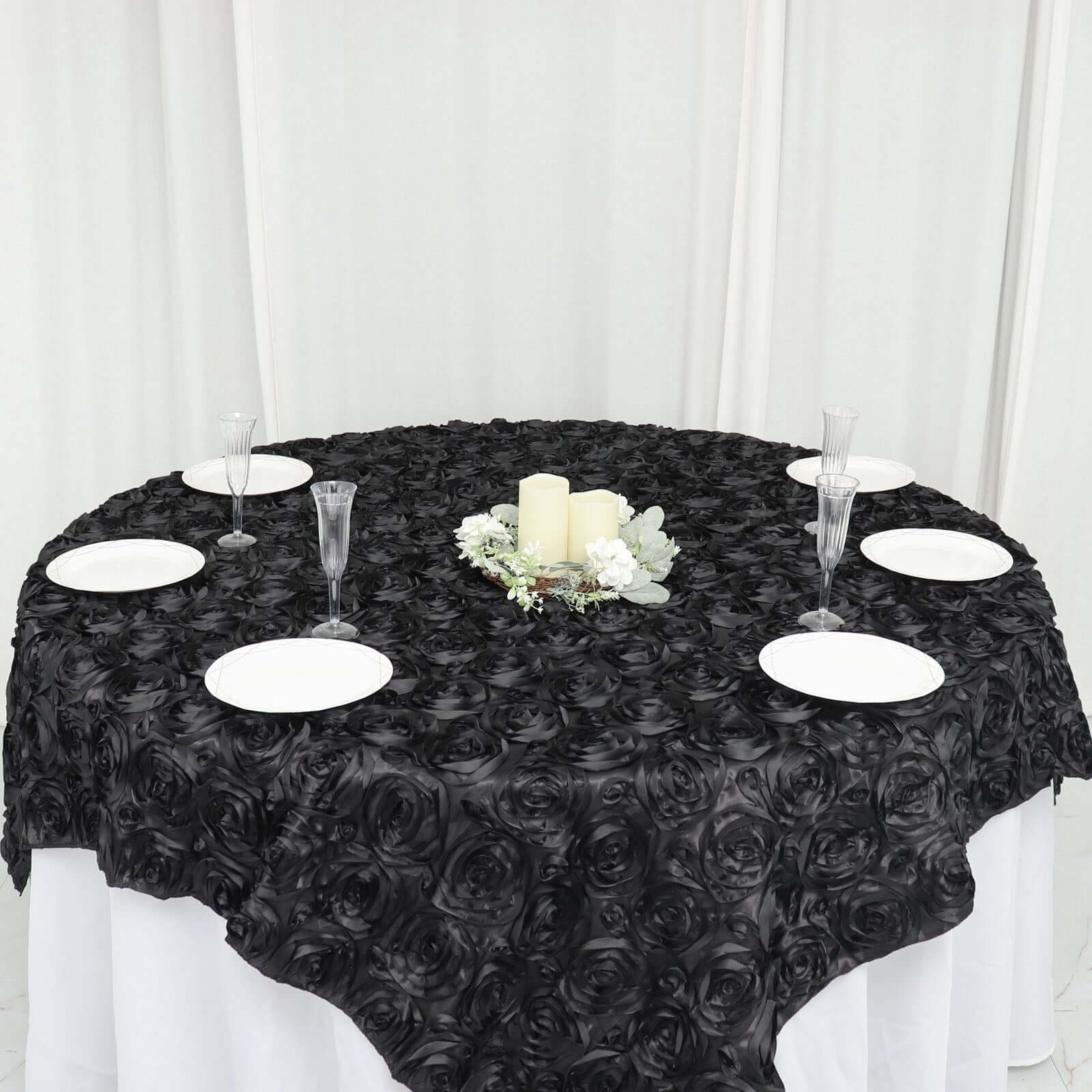 Black 72x72 Satin Square Table Overlay with 3D Rosette Design - Ideal for Stylish Events