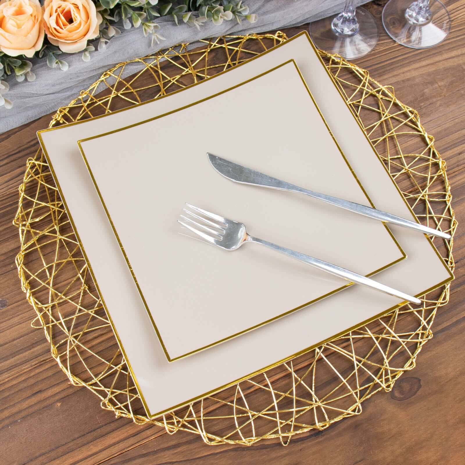 10-Pack Disposable Taupe Plastic Square Dessert Plates with Gold Rim - Ideal for Parties