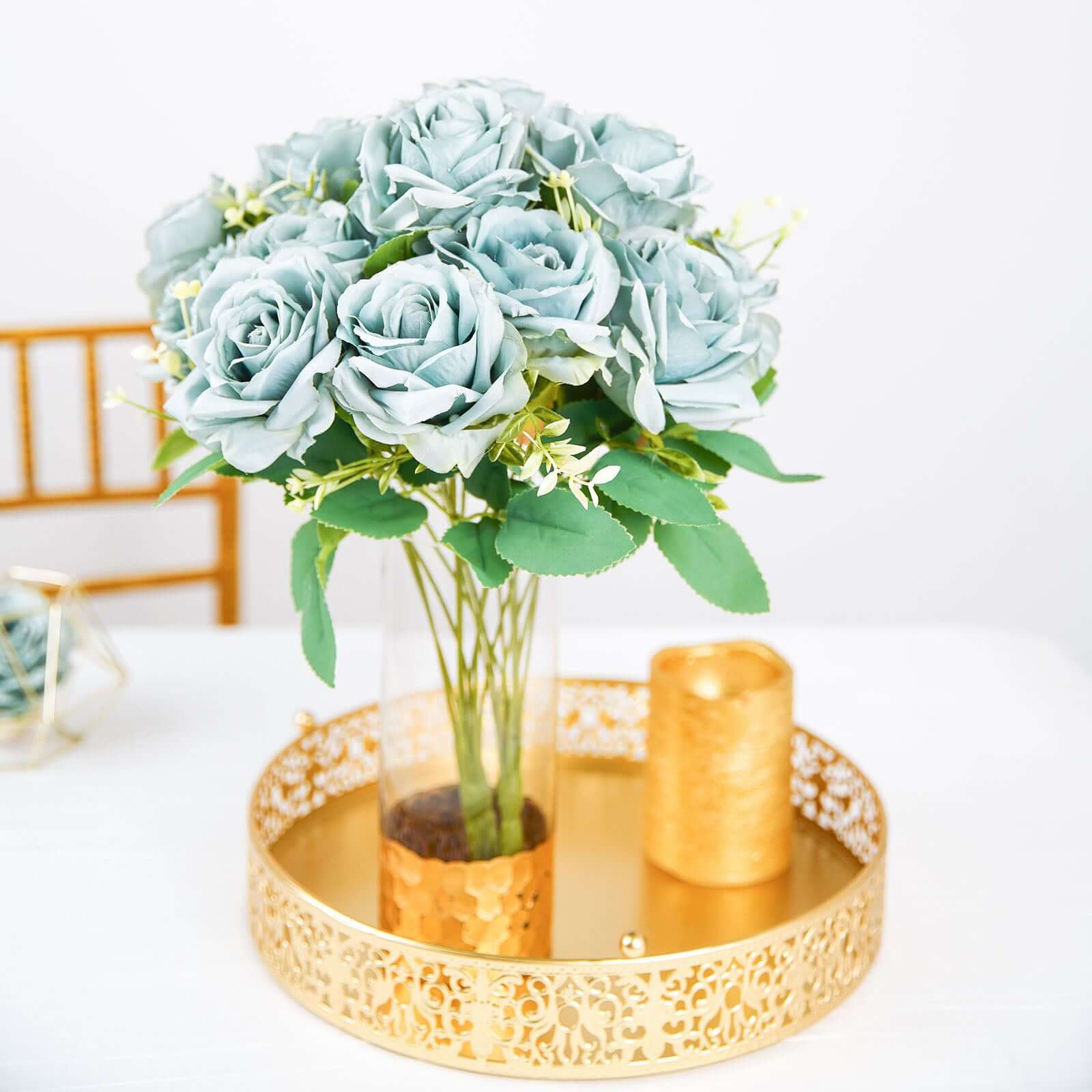 Hot Sale! 2 Bushes Silk Artificial Rose Flower Bouquet in Light Dusty Blue with 18 Real - Touch Blooms