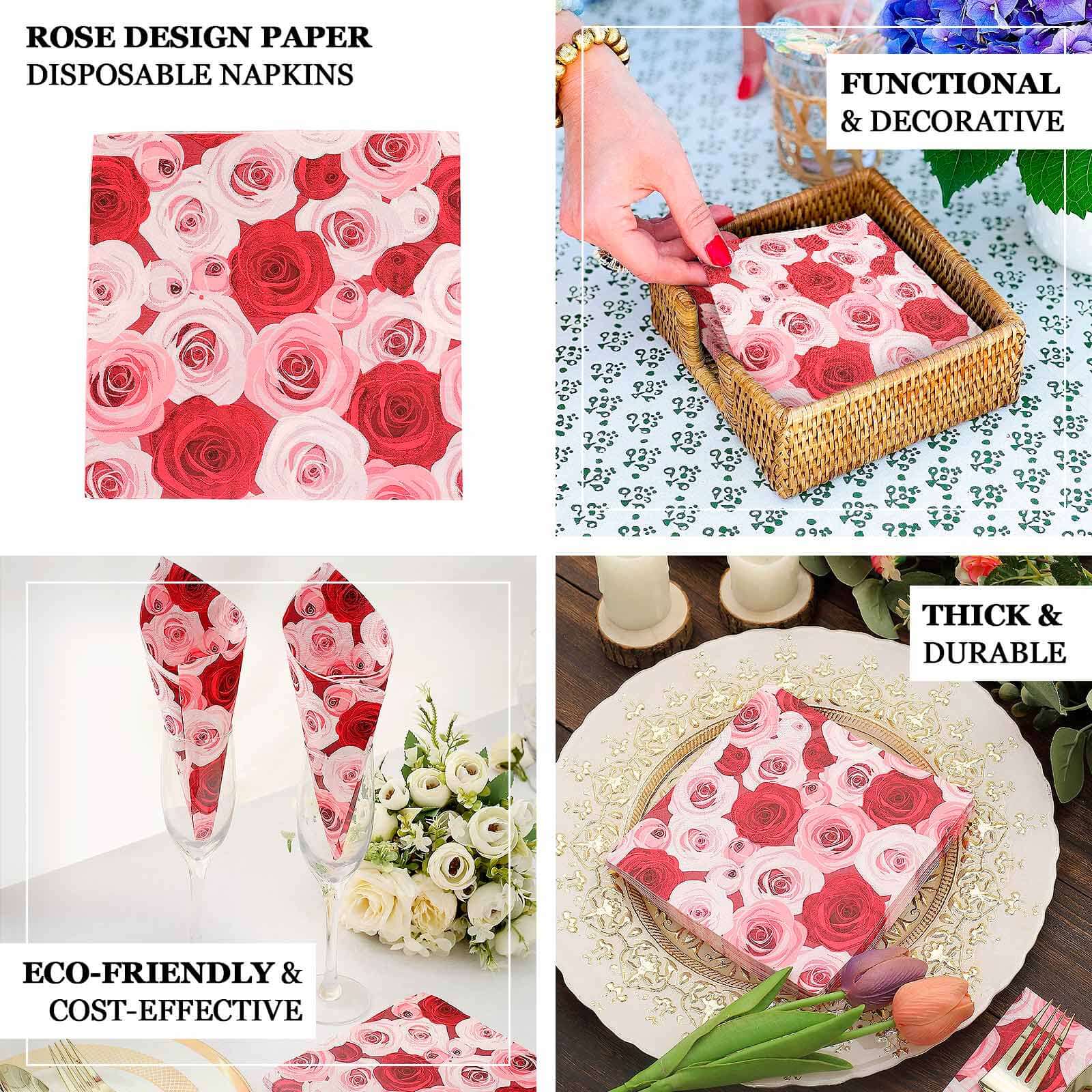 50-Pack 2-Ply Soft 18GSM Red/Pink Floral Design Paper Beverage Napkins for Weddings