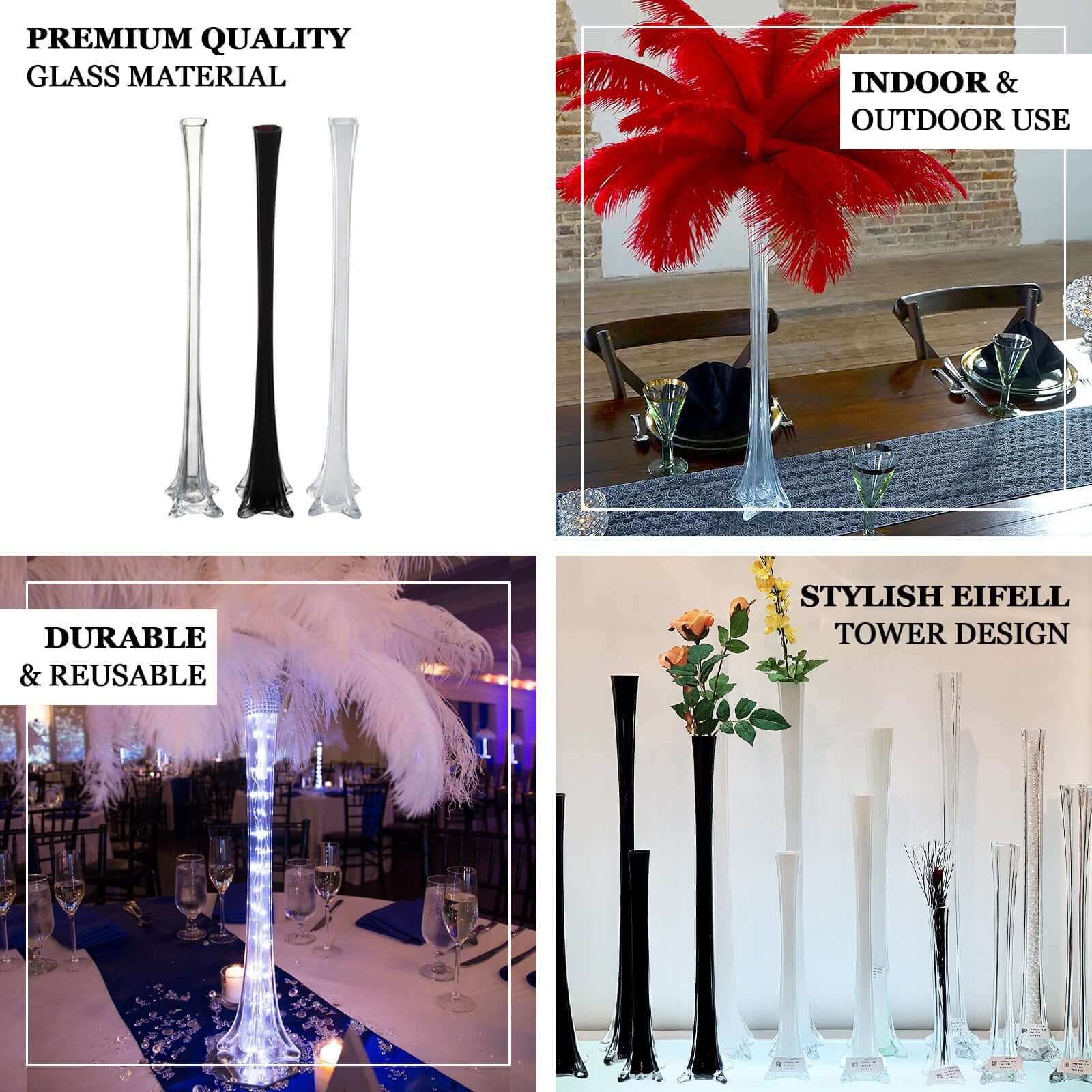 Hot Sale! 6-Piece Set of Black Glass Eiffel Tower Flower Vases for Tall Wedding Table Decor