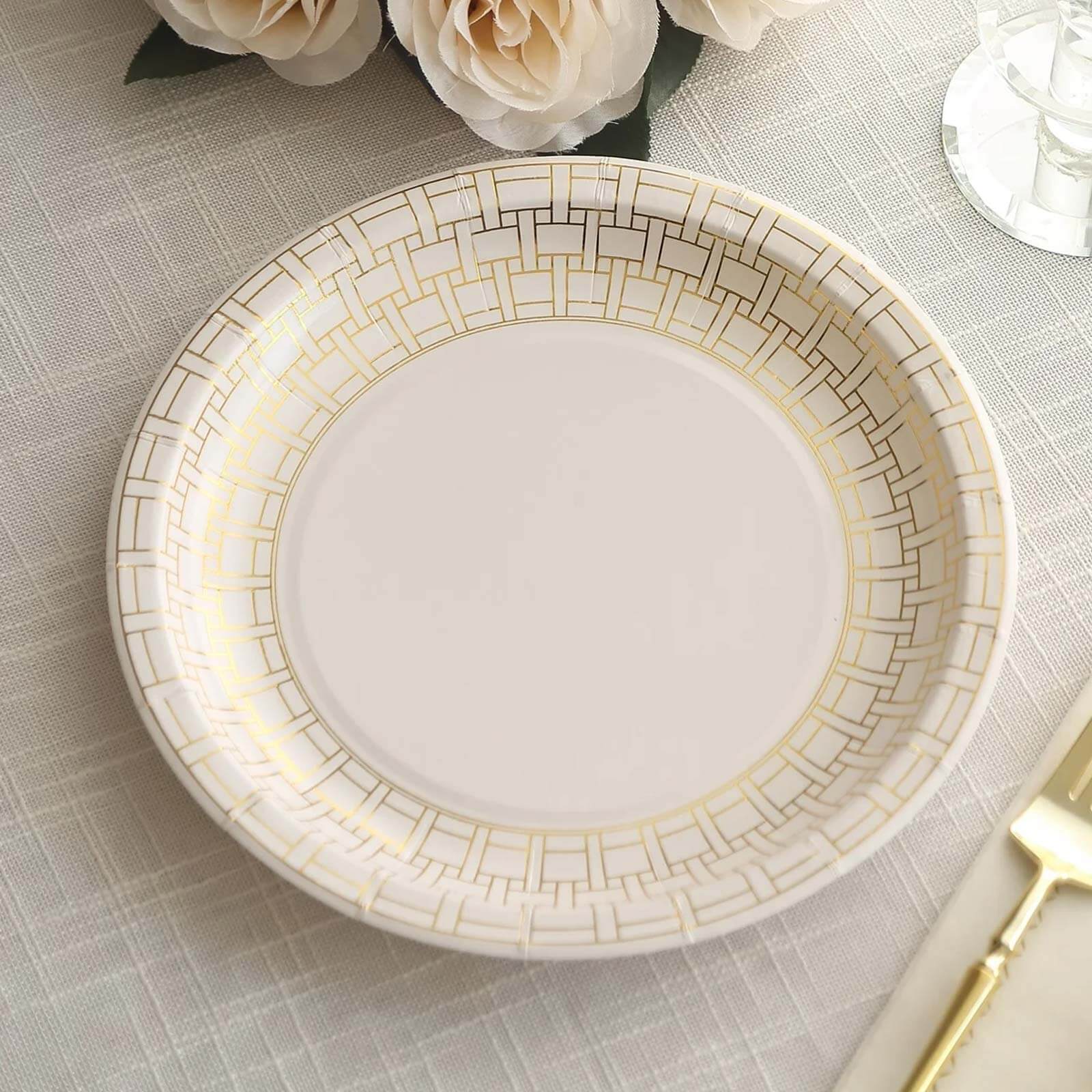 Get 25-Pack of Disposable 9-Inch White Paper Dinner Plates with Gold Basketweave Rim for Elegant Parties