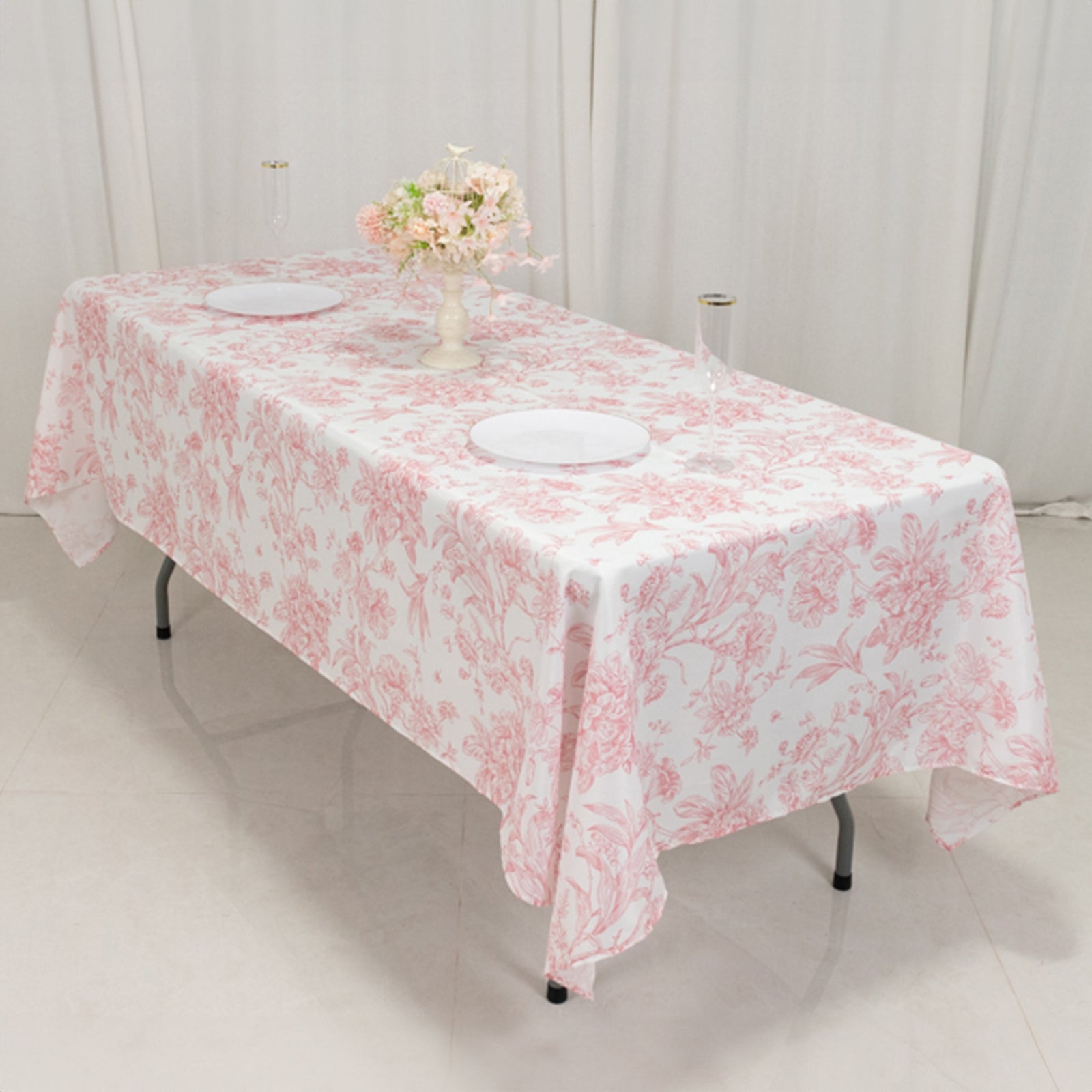 Hot Deal! White and Pink French Toile Pattern Polyester Rectangle Tablecloth for Modern Events (60x102)