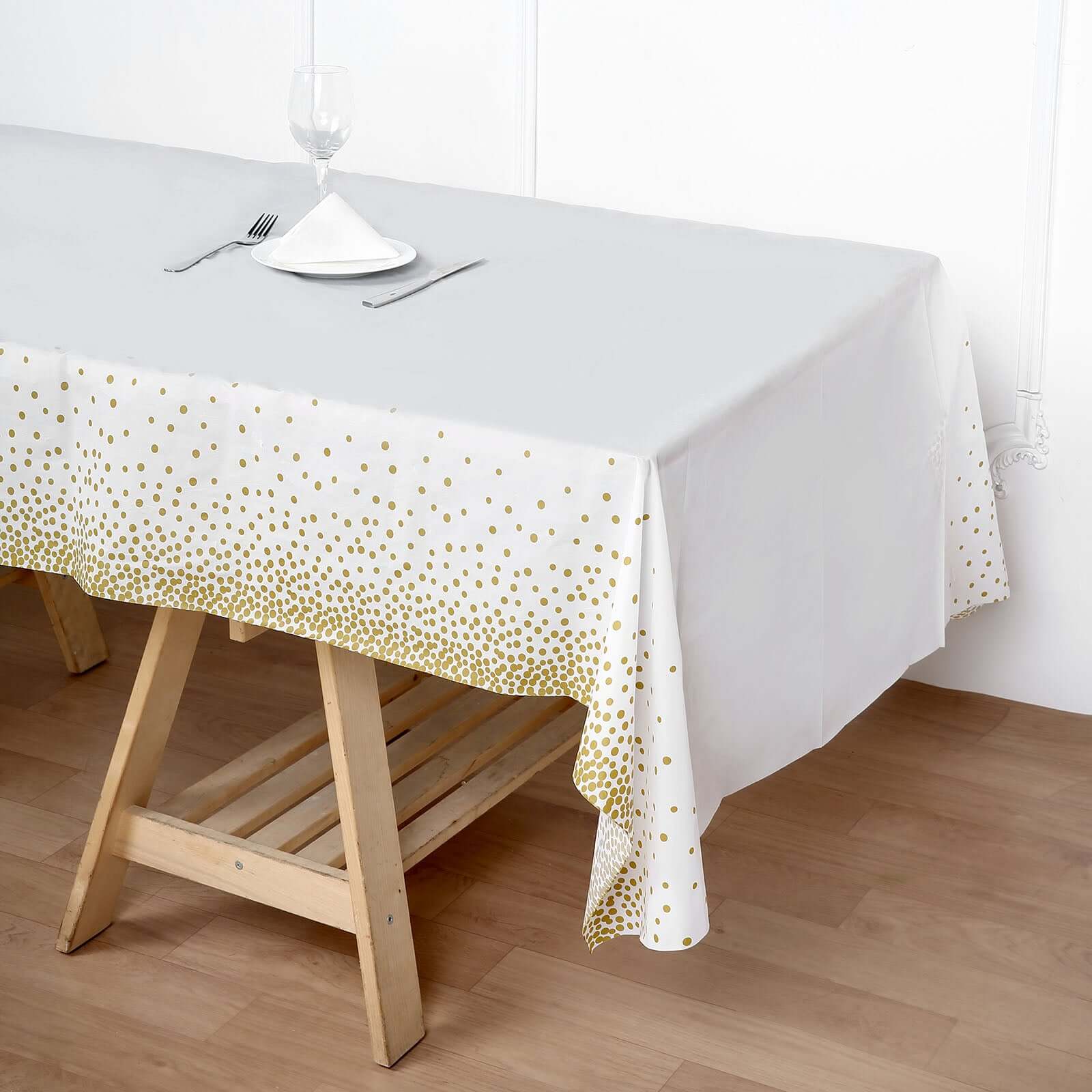 5-Pack Disposable PVC White Rectangle Table Covers with Gold Confetti Dots - Ideal for Events