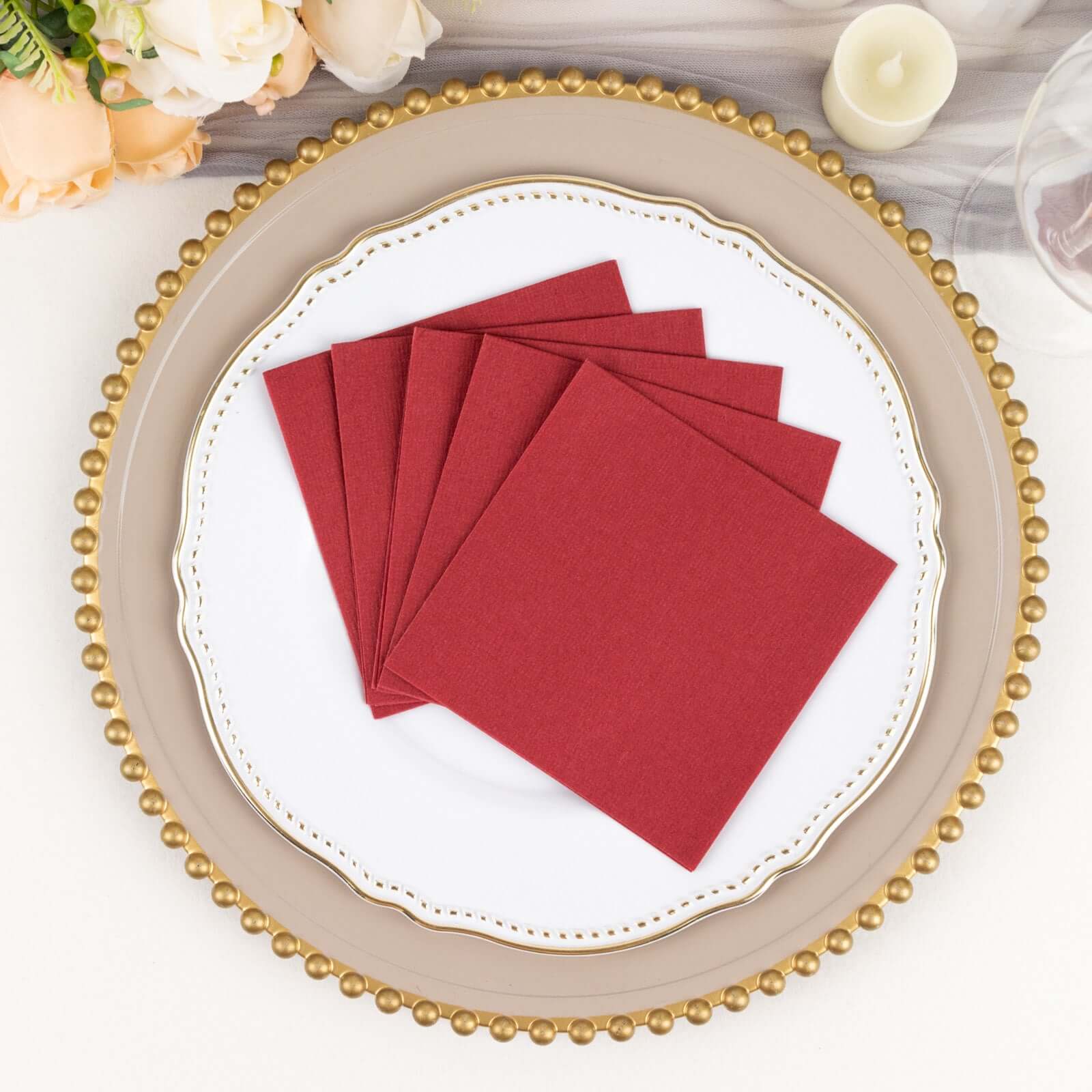 20-Pack Highly Absorbent Burgundy 5x5 Linen-Like Airlaid Napkins - Ideal for Events