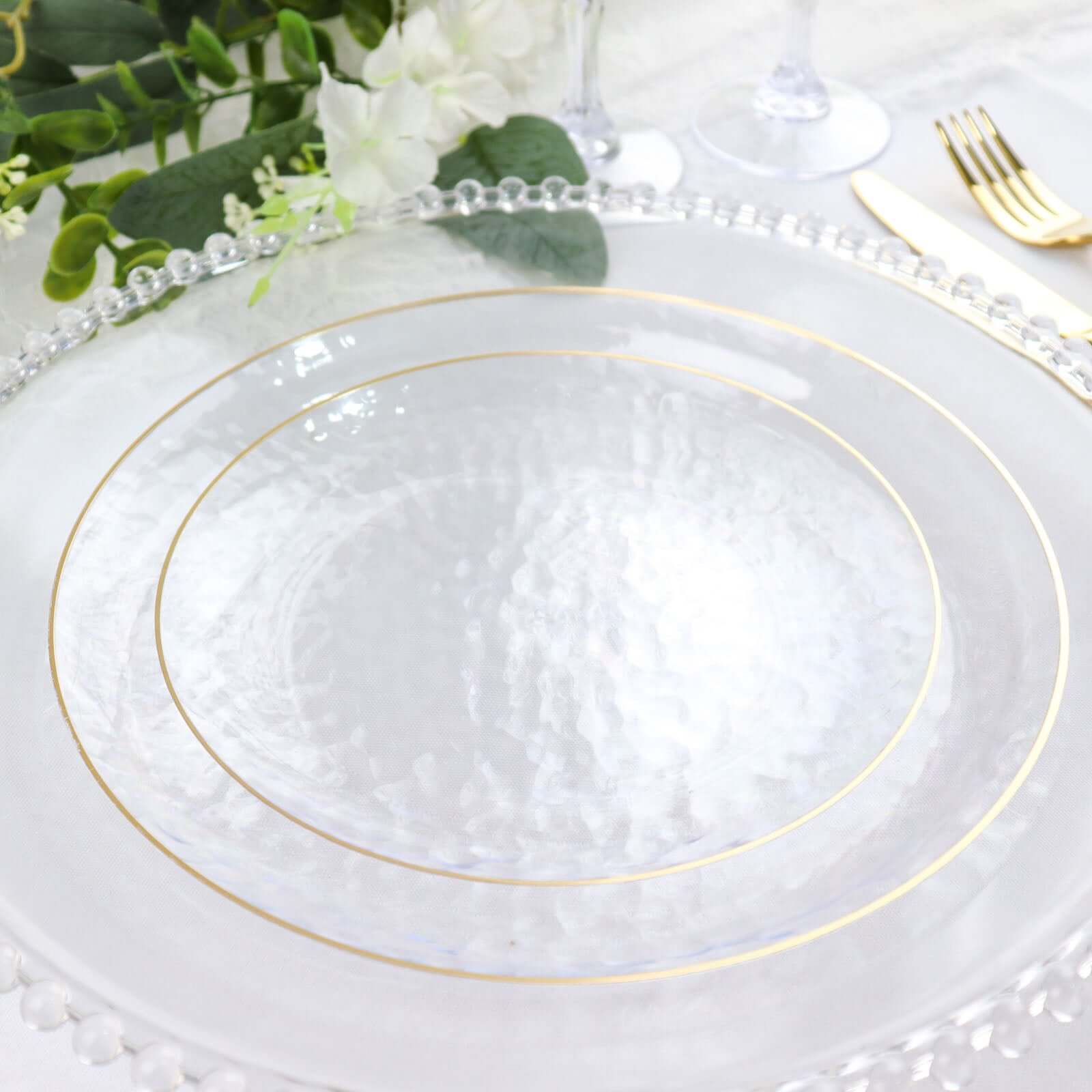 Hot Deal! 10-Pack Clear Plastic Round Dessert Plates with Hammered Gold Rim - Disposable & Modern