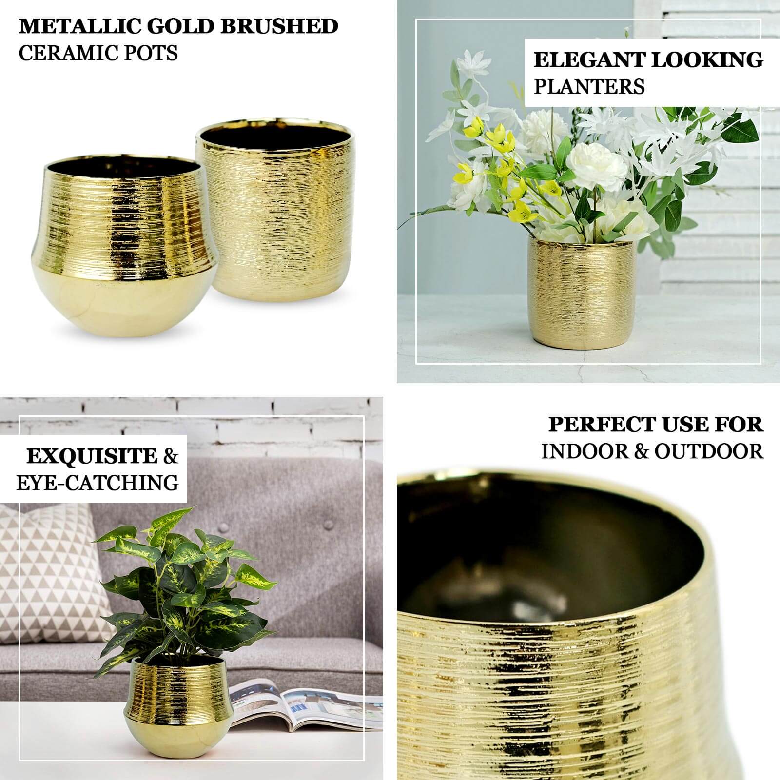 Hot Deal! 2-Pack Metallic Gold Ceramic Indoor Flower Plant Pots with Textured Round Design