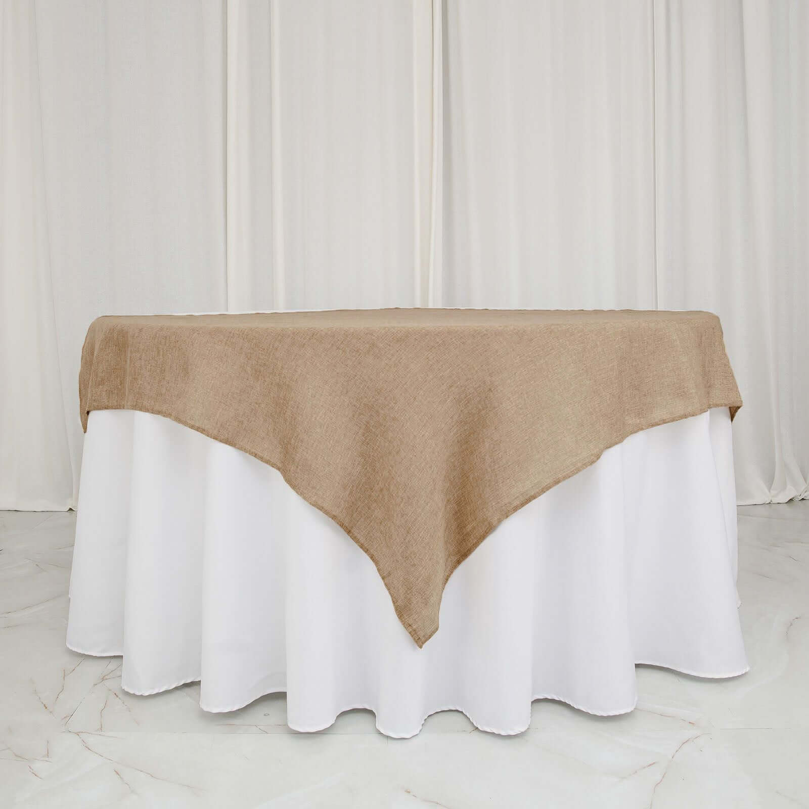 Hot Sale! 54x54 Natural Faux Burlap Square Table Overlay for Rustic Events