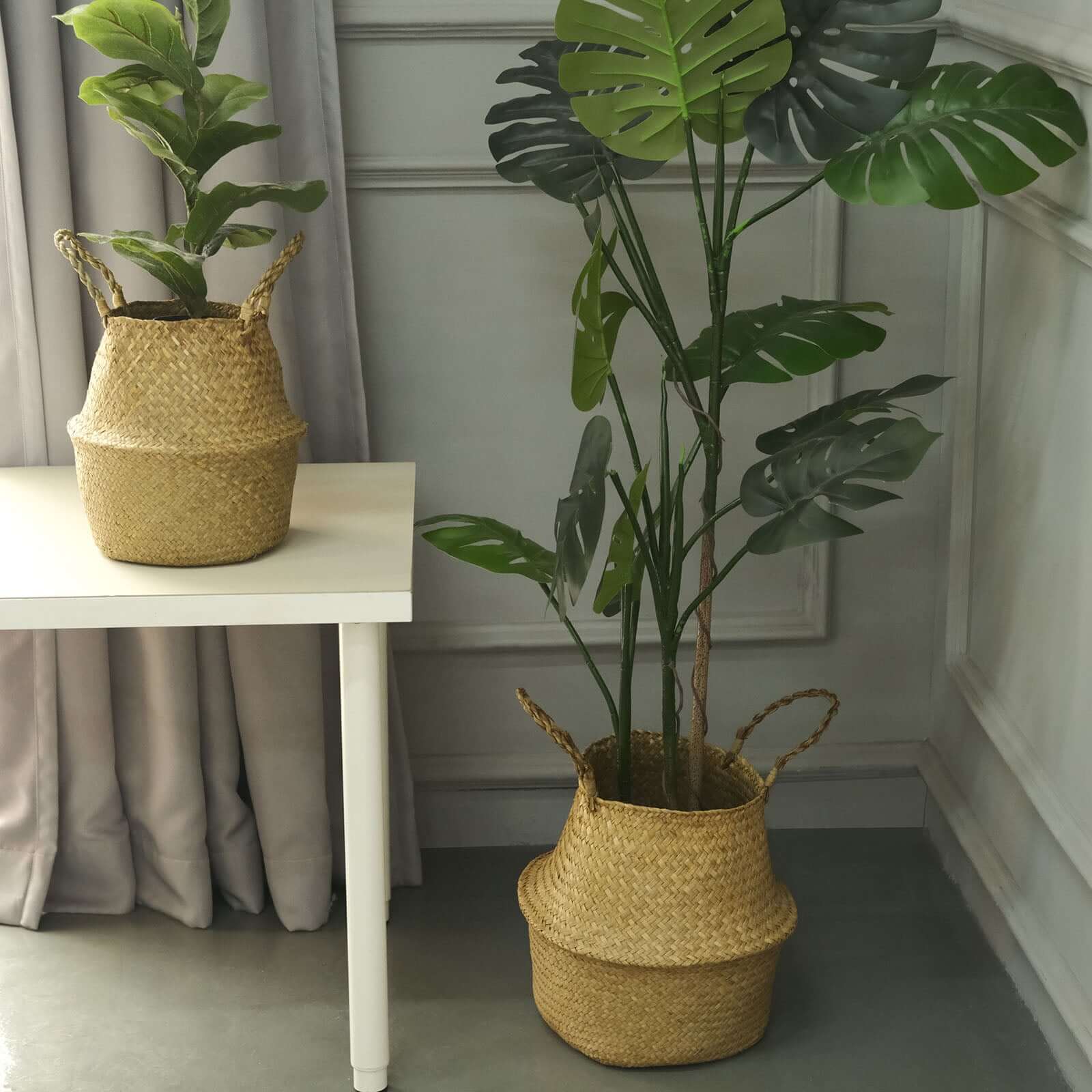 Exclusive Set of 2 Natural Handwoven Seagrass Plant Baskets for Home Organization