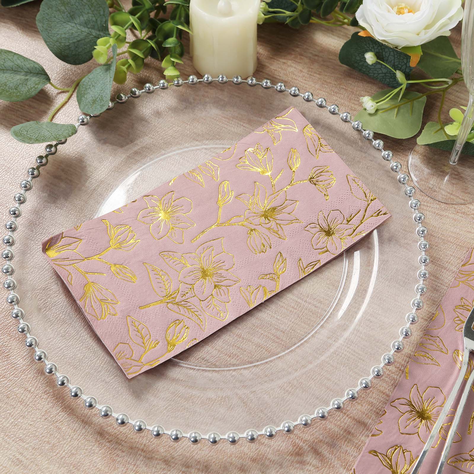 50-Pack Disposable 2-Ply Soft Paper Dinner Napkins in Dusty Rose with Gold Magnolia Prints for Parties